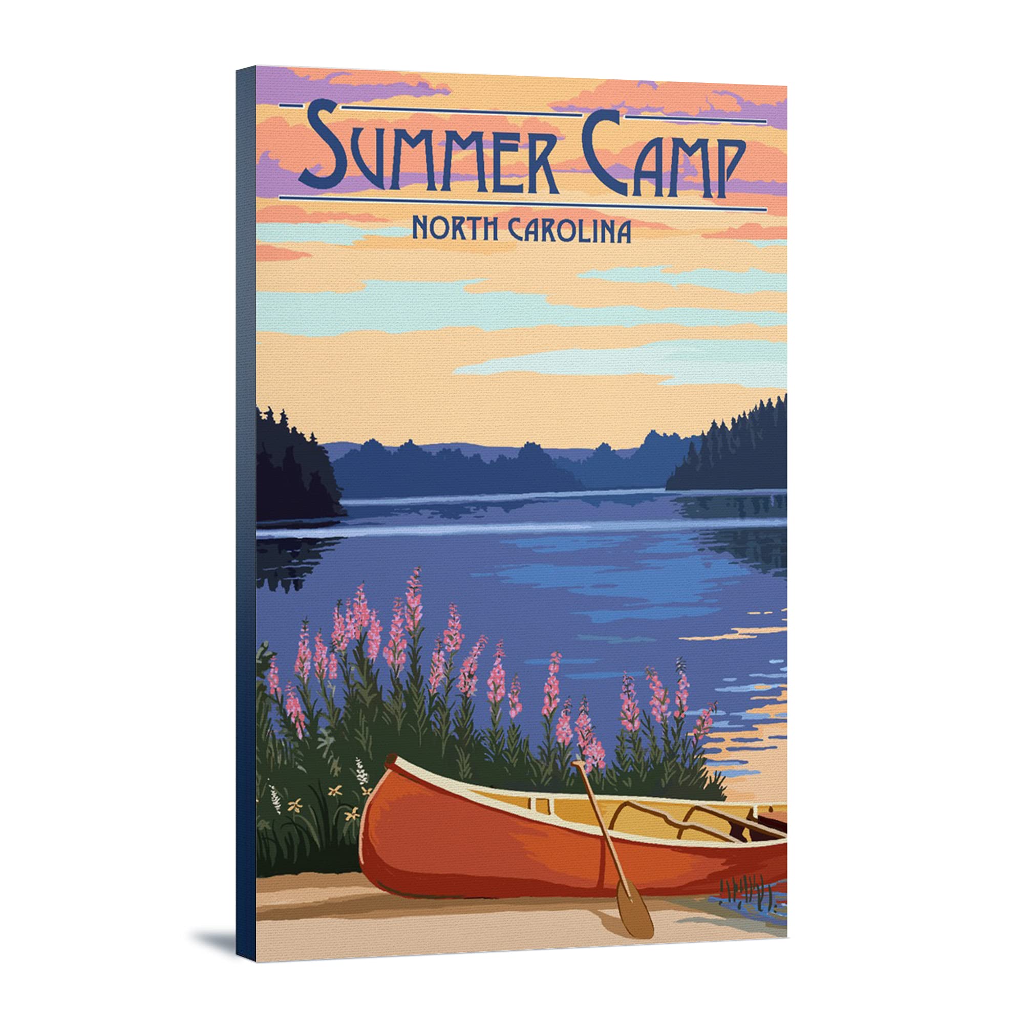 North Carolina Summer Camp Canoe and Lake Wall Art - 16x24 Wrapped Canvas Print for Home & Office Decor - Perfect for Living Room, Bedroom or Cabin