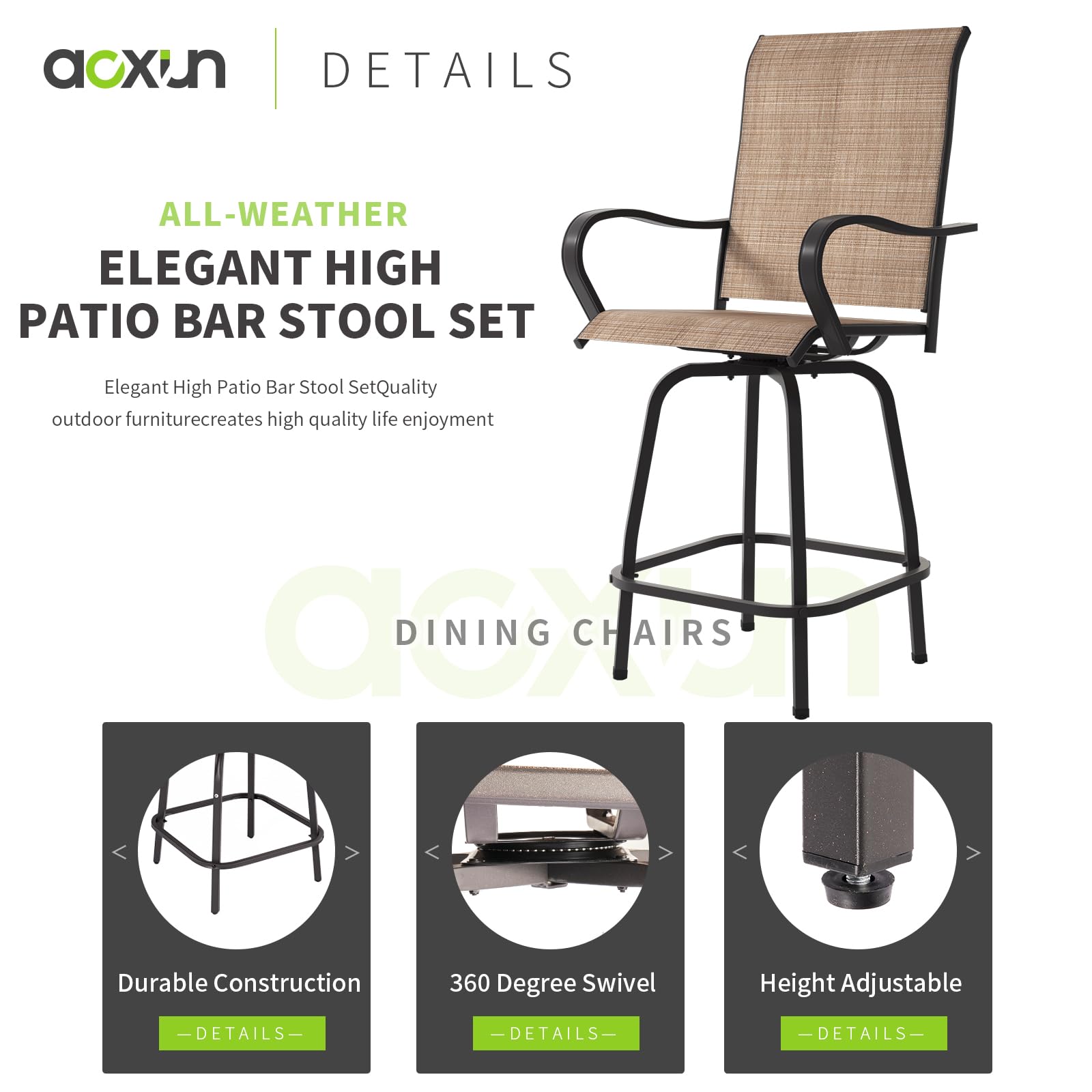 Aoxun 3-Piece Outdoor Swivel Bar Stool Set - 2 Patio Bar Stools with 1 Bar Table, Weather-Resistant Outdoor Dining Set for Backyard, Garden, Balcony & Deck - Perfect for BBQs, Poolside Lounging & Outdoor Entertaining