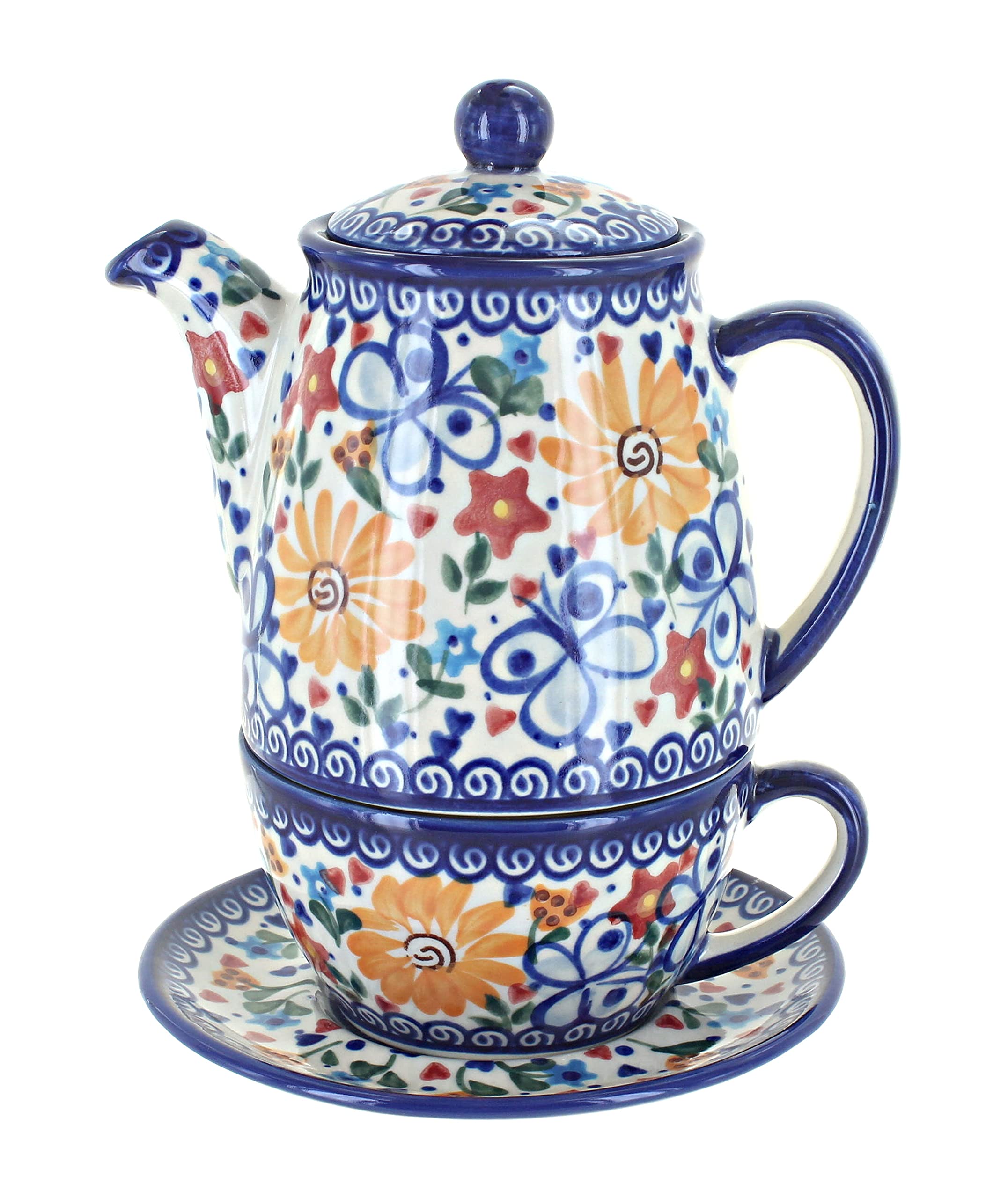Handmade Blue Rose Polish Pottery Butterfly Tea Set for One - Perfect for Afternoon Tea, Gifts & Home Decor
