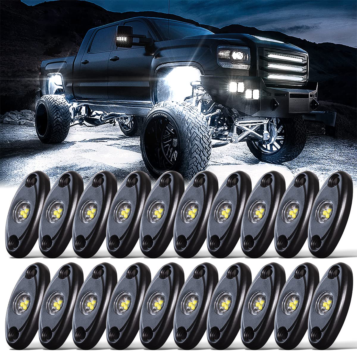 20PCS LED R1 Pure White Rock Lights - High Power Waterproof & Shockproof Underglow Lights for Trucks, RZR, Off Road, Boat, Car, ATV, UTV, SUV - Perfect for Off-Roading, Night Driving & Custom Vehicle Lighting