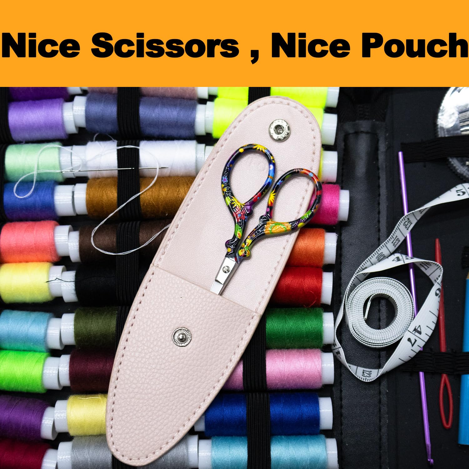 3.6 Inch Small Sewing Scissors - Portable Travel Scissors with Leather Sheath Cover | Black Floral Design | Perfect for Sewing, Crochet, Crafts & DIY Projects | Compact & All-Purpose Mini Scissors in Pouch