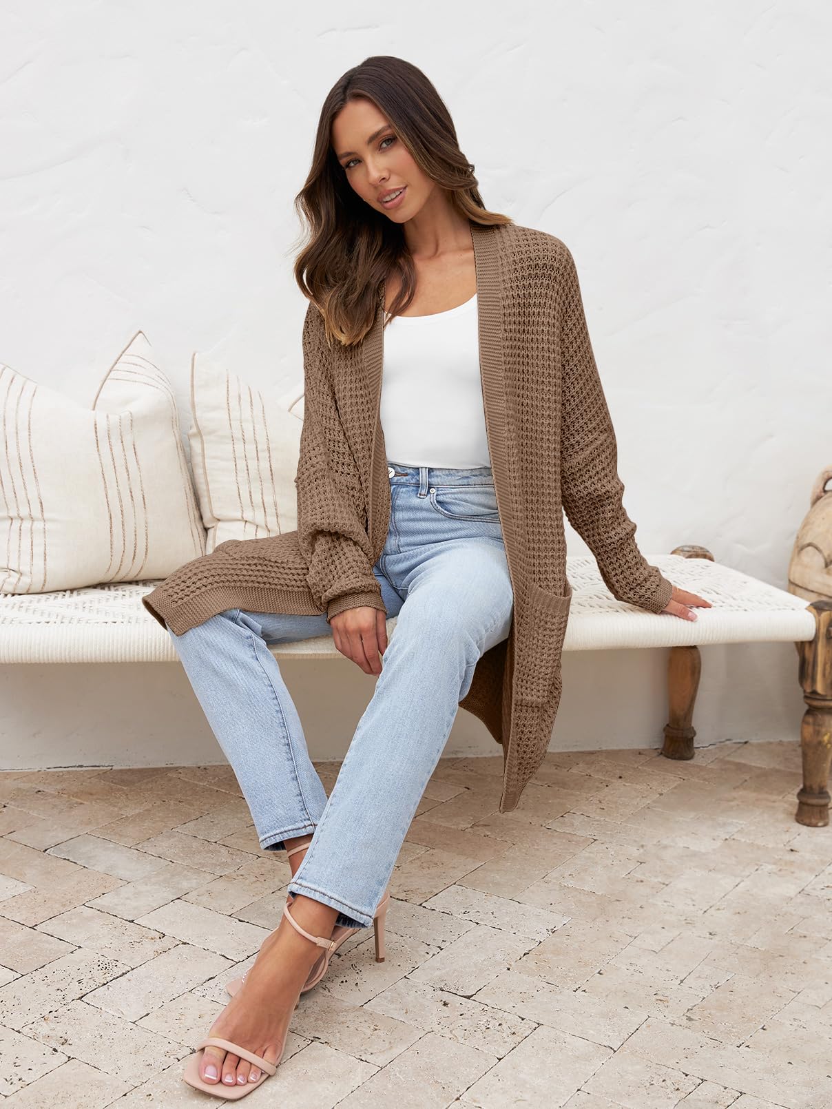 MEROKEETY Women's Oversized Long Batwing Sleeve Cardigan Waffle Knit Sweater Coat - Cozy Fall Winter Layering Piece for Casual Outfits & Lounge Wear