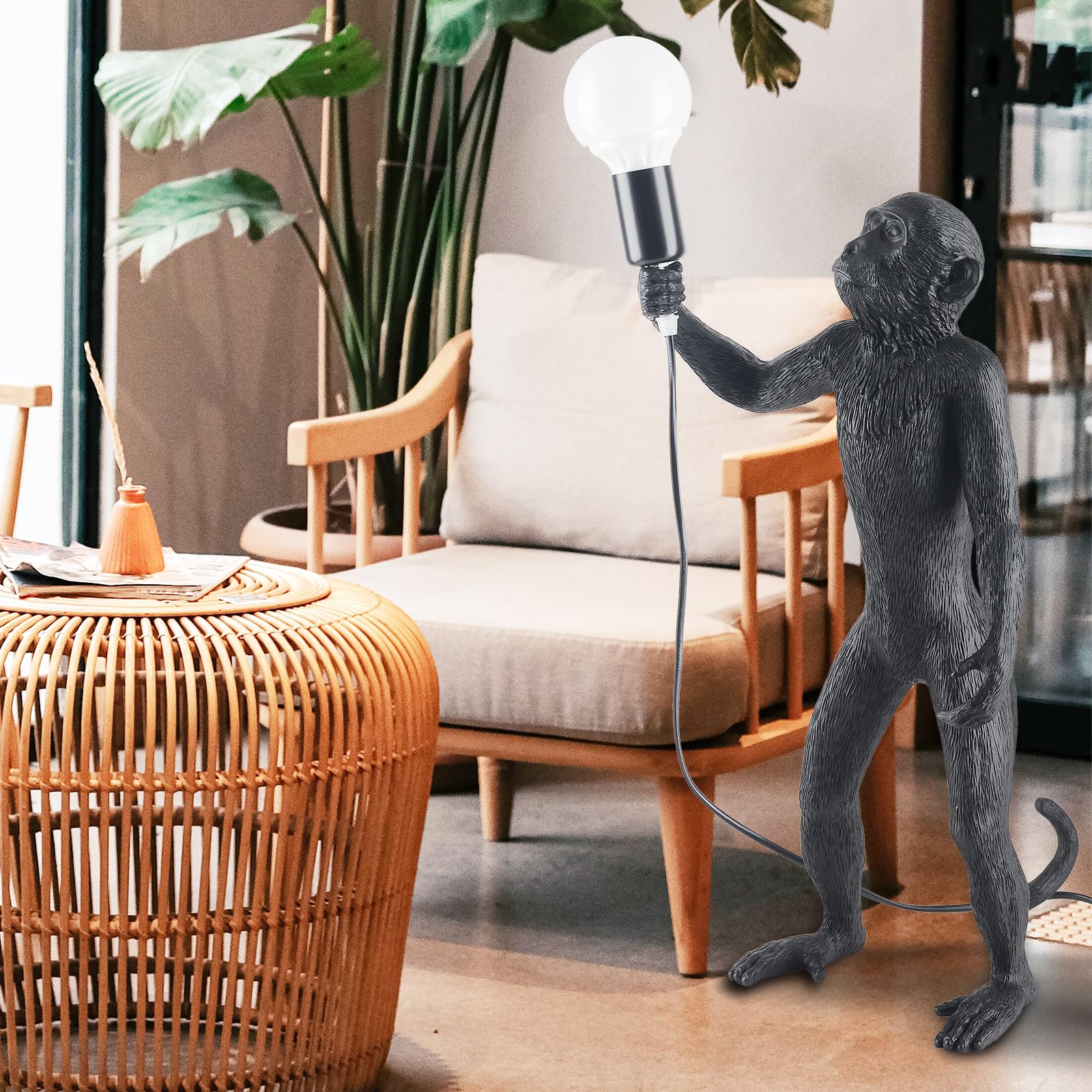 Modern Resin Standing Monkey Table Lamp - LED Desk Lamp for Home Decor, Bedroom, Living Room, Office & Kids Room - Animal-Themed Night Light for Reading & Ambient Lighting (Black Standing)