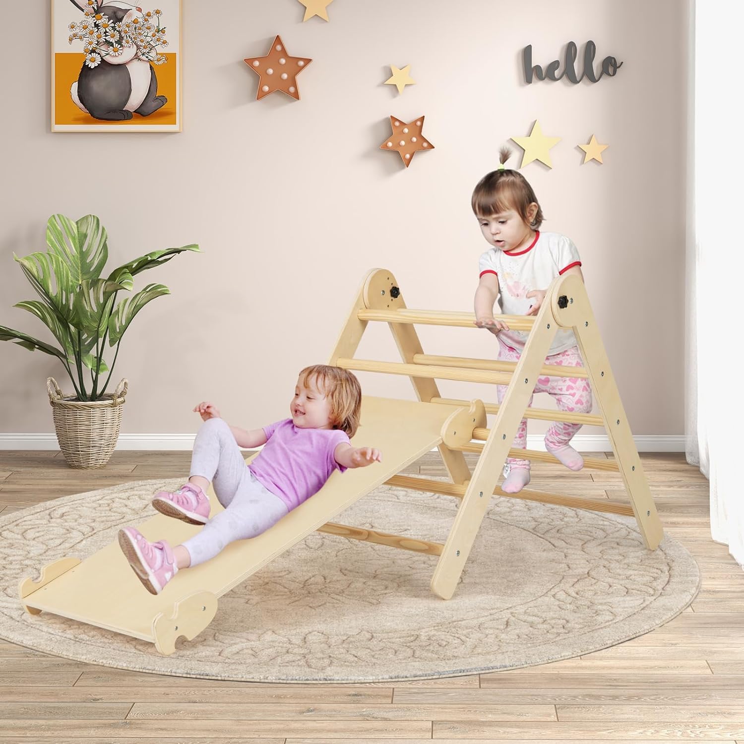 GOPLUS 4-in-1 Foldable Montessori Climbing Triangle with Slide & Ramp - Indoor Play Gym for Kids Ages 3-9 Years - 60KG Weight Capacity (Natural Wood) - Perfect for Home Playrooms, Daycares & Montessori Learning Spaces