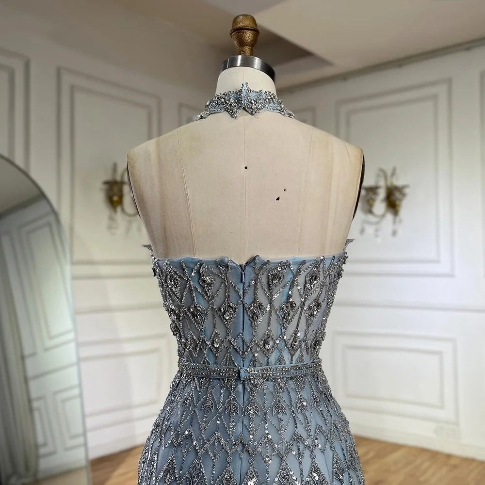 Luxury Dubai Arabic A-Line Elegant Blue Saudi Evening Gown with Beaded Details - Formal Occasion Abaya Dress for Weddings, Parties & Special Events LA72717