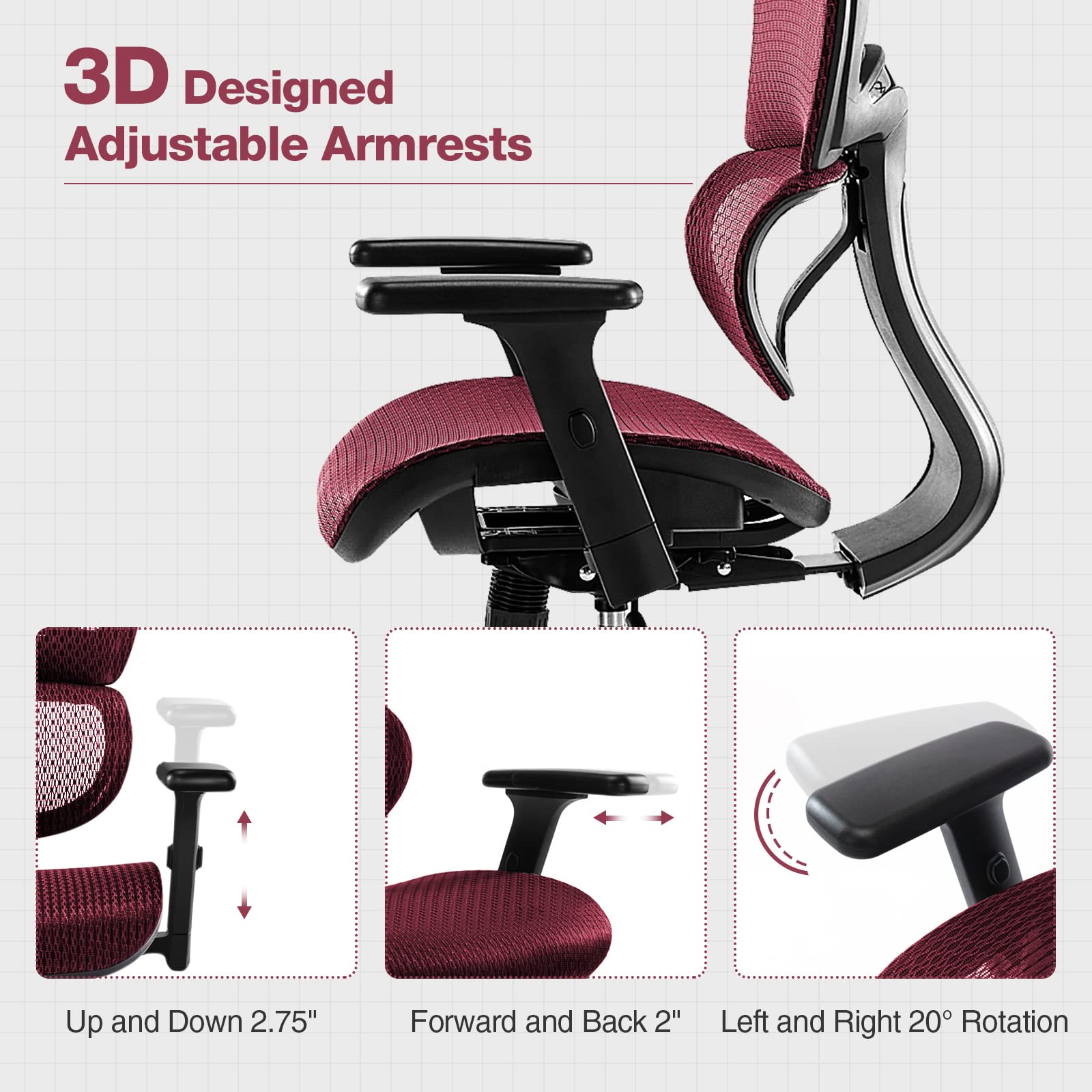 Ergonomic High Back Office Chair with Headrest & Lumbar Support - Adjustable Height Mesh Computer Chair with Swivel Base & Movable Armrests - 300 lbs Weight Capacity for Home Office, Executive Workspace & Gaming Setup