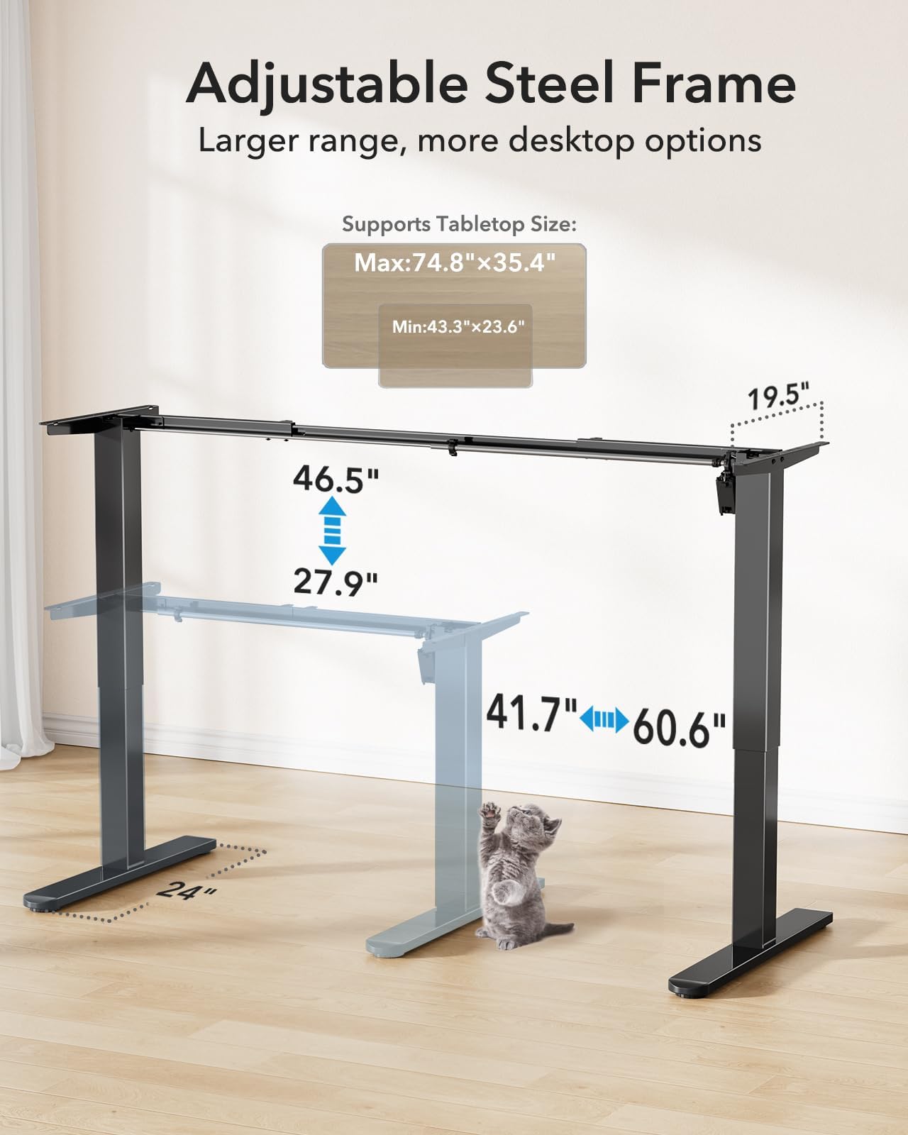 HUANUO Electric Standing Desk Frame - 220lbs Heavy Duty, Brushless Motor, T-Shaped Adjustable Legs, Automotive-Grade Steel, Fits 75