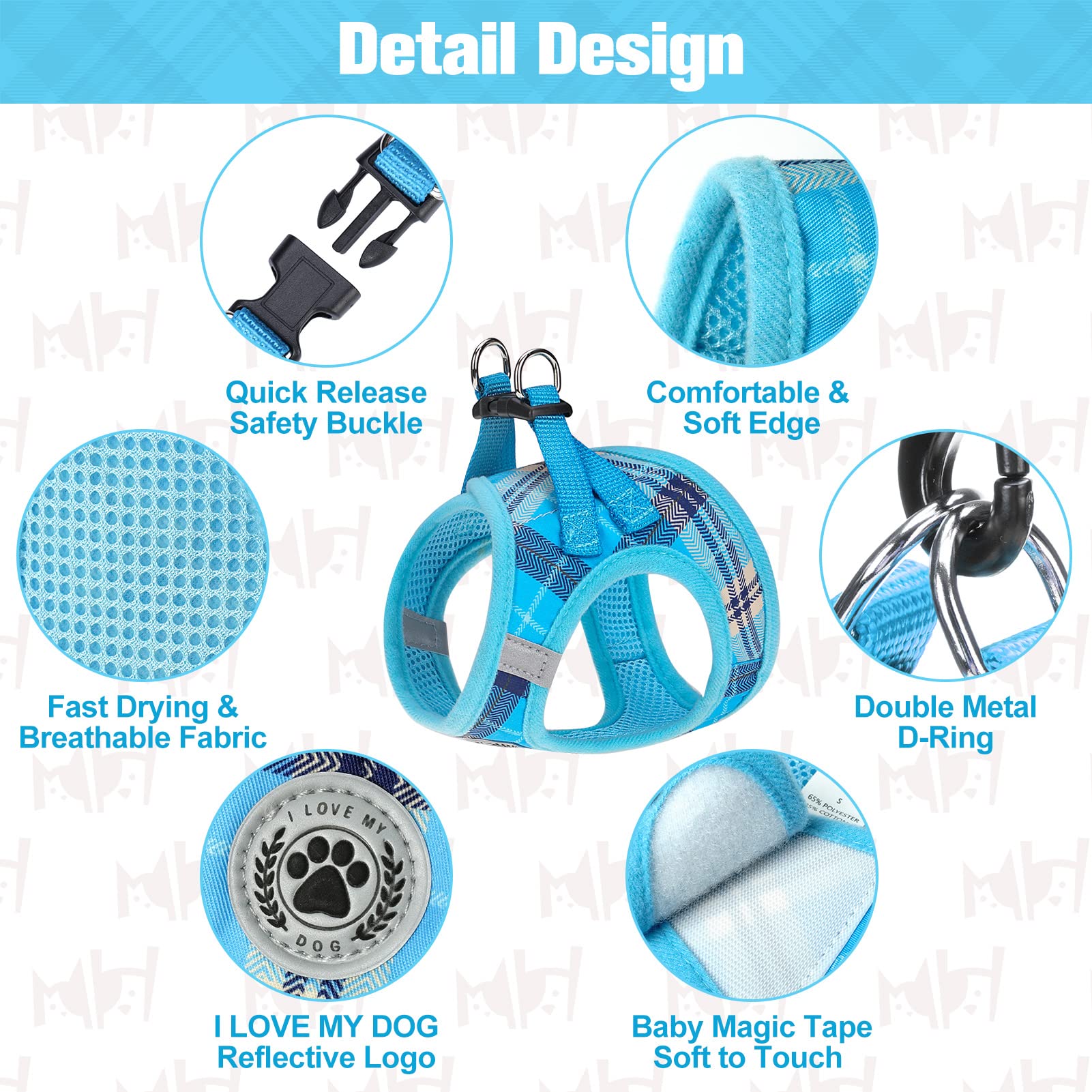 BEAUTYZOO No-Pull Step-in Dog Harness and Leash Set - Soft Mesh Reflective Vest for Small/XS Dogs & Cats - Breathable Plaid Design (Blue, Size S) - Perfect for Walking, Training & Outdoor Adventures