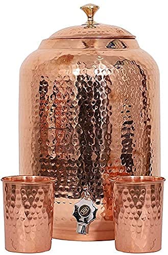 Hammered Copper Water Dispenser & Storage Pot - 4L/5L/7L/8L Capacity with 1 Tank, 2 Glasses & 1 Bottle (7L Set) | Traditional Matka Vessel for Home, Office & Outdoor Use | Natural Water Cooling & Purification
