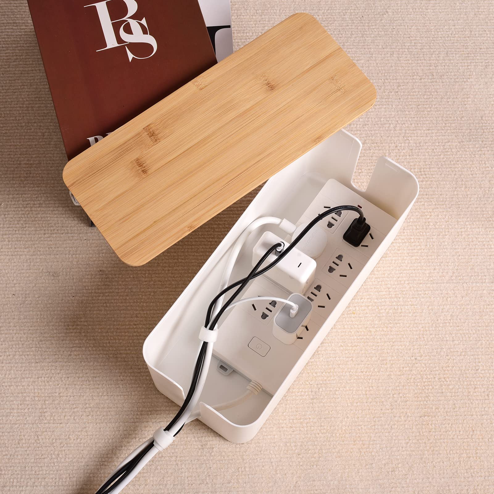 Wooden Style Cable Management Box - Hide Wires & Power Strips | Desk Computer Cord Organizer | Safe ABS Material | 12.6