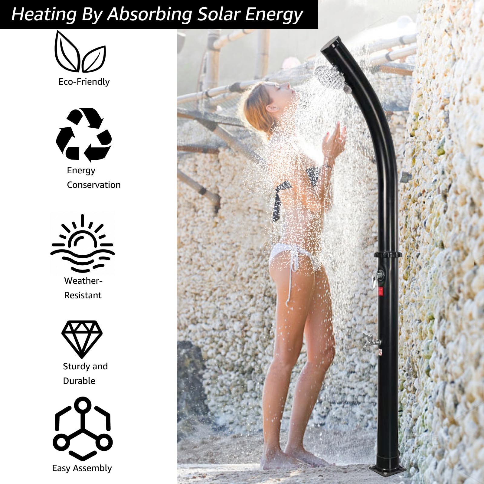 6.5 FT 5.3 Gallon Solar Outdoor Shower with Adjustable Shower Head, Foot Tap & Thermometer - Perfect for Pool, Backyard, Garden, Beach and Spa Use