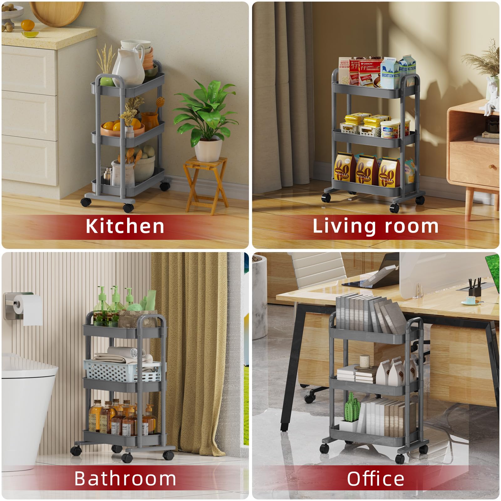 3-Tier Rolling Cart Organizer with Lockable Wheels - Multifunctional Kitchen Storage Cart, Mobile Utility Cart for Bathroom, Laundry & Living Room - Space-Saving Gray Shelving Unit | Perfect for Organizing Spices, Toiletries, Cleaning Supplies & Home Essentials