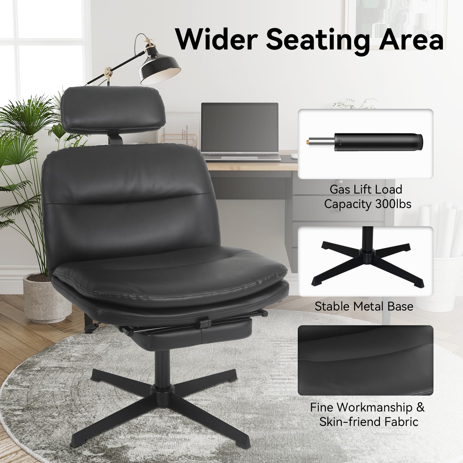 ELECWISH Criss Cross Office Chair - Armless Cross-Legged Desk Chair Without Wheels, PU Leather Ergonomic Home Office Chair with Wide Padded Seat, Headrest & Footrest - Perfect for Small Spaces, Bedroom, Living Room & Home Office (Black)