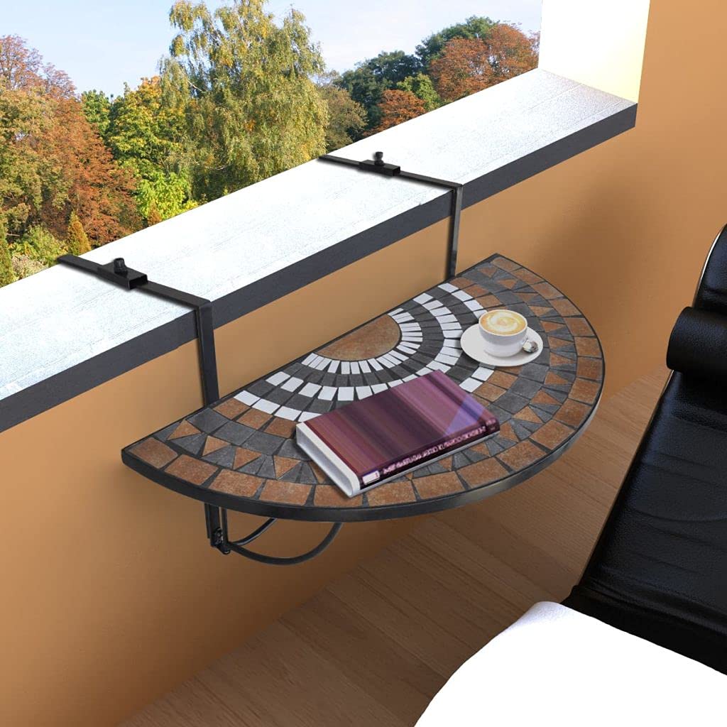 Handmade Mosaic Patio Table - Outdoor Garden, Balcony, Poolside Hanging Table in Terracotta & White - Durable Weatherproof Design for Patio Decor, Backyard Dining, and Poolside Relaxation (Fast Shipping)