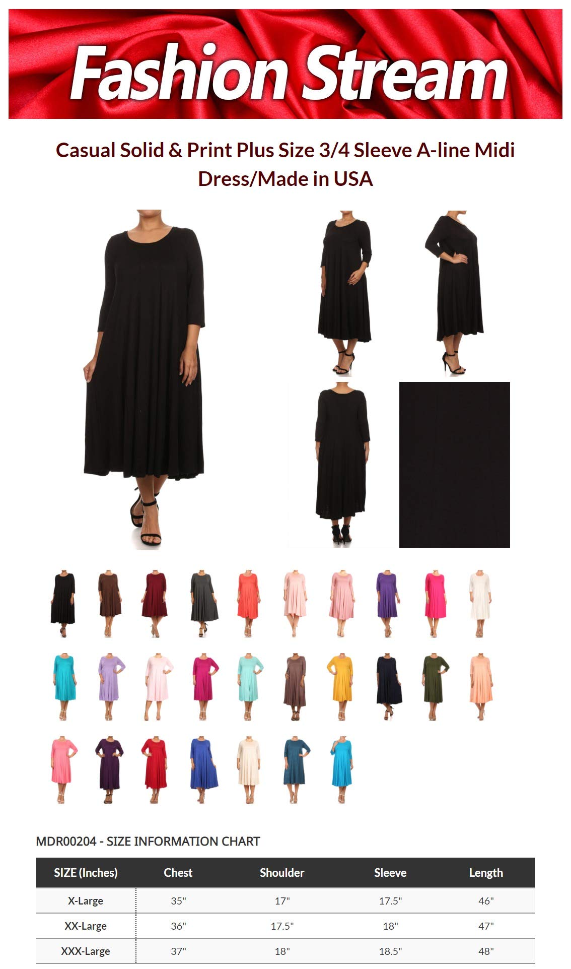 Plus Size Casual 3/4 Sleeve A-Line Midi Dress - Comfortable Solid Print Women's Dress (Pink, XL) | Made in USA | Perfect for Office Wear, Date Nights & Summer Outings