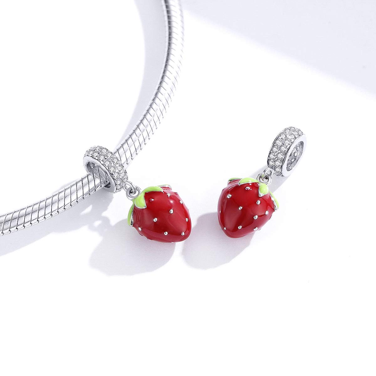 925 Sterling Silver Strawberry Charm Bracelet for Women - Red Enamel & Crystal Beaded Fashion Jewelry, Perfect for Daily Wear, Parties & Gift Giving