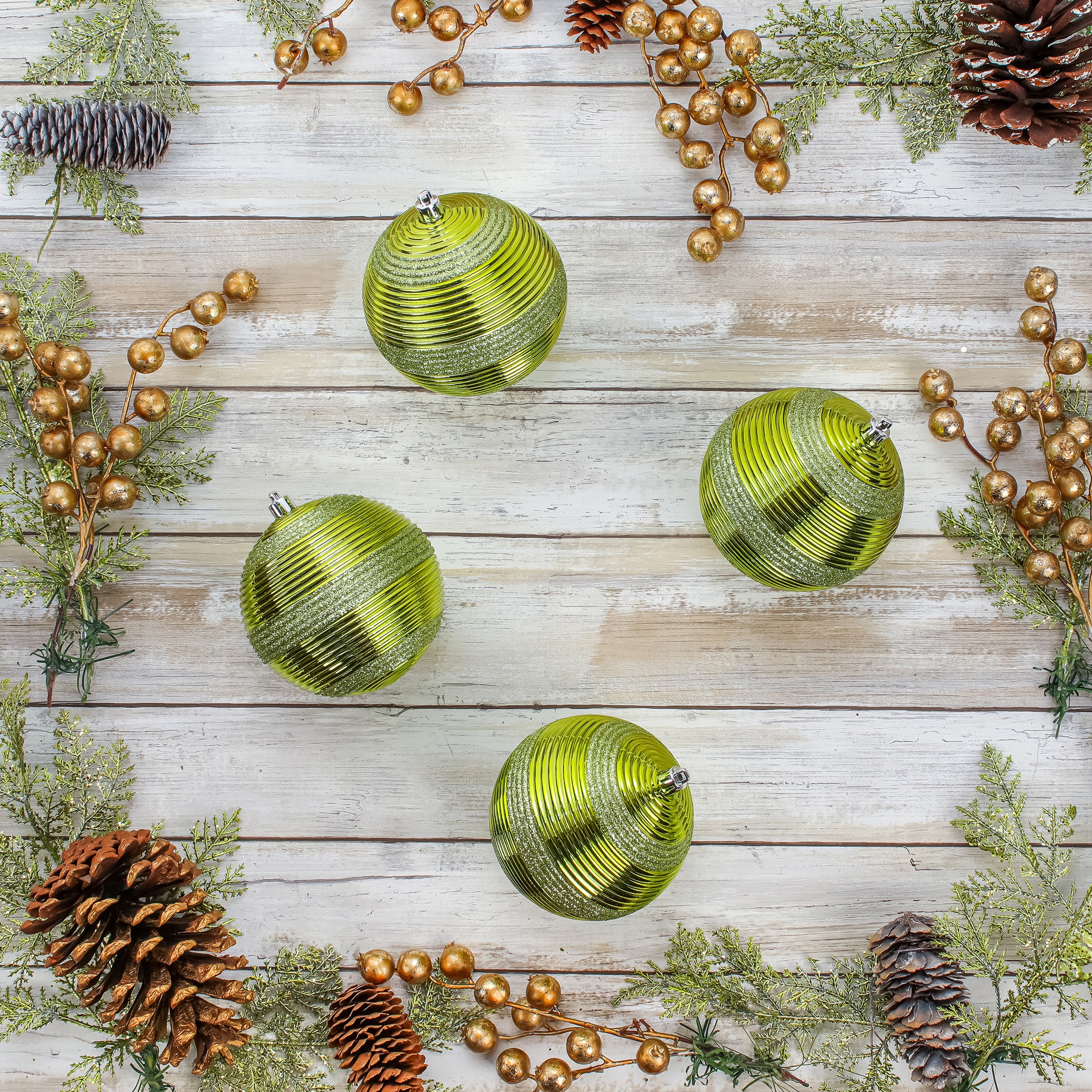 4 Piece Shatterproof Swirling Lime Green Christmas Tree Ornaments - Durable Holiday Decor for Indoor & Outdoor Use