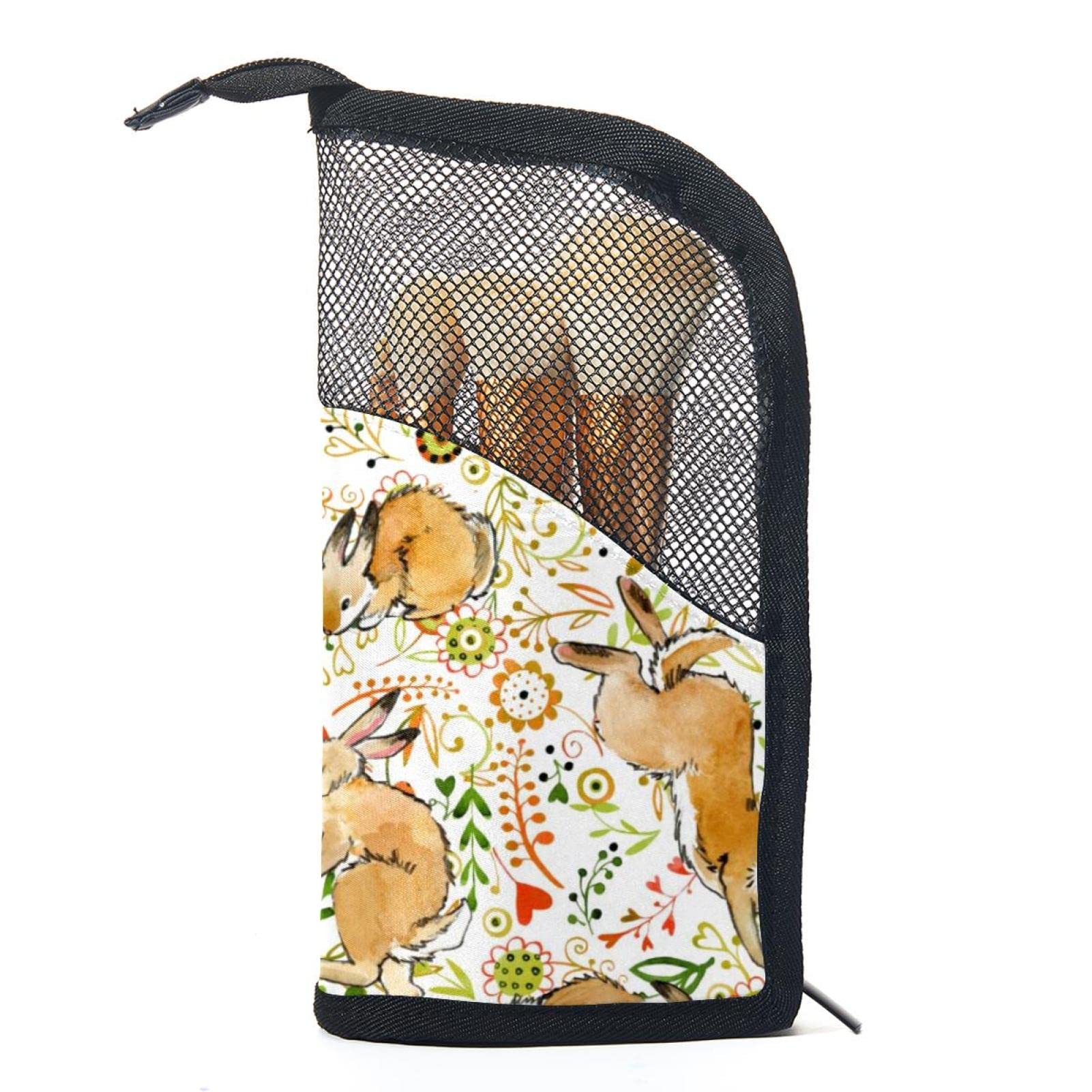 Premium 12-Piece Makeup Brush Organizer Bag with Bunny Floral Rabbit Design - Portable Cosmetic Brush Holder Case for Travel & Home Vanity Organization