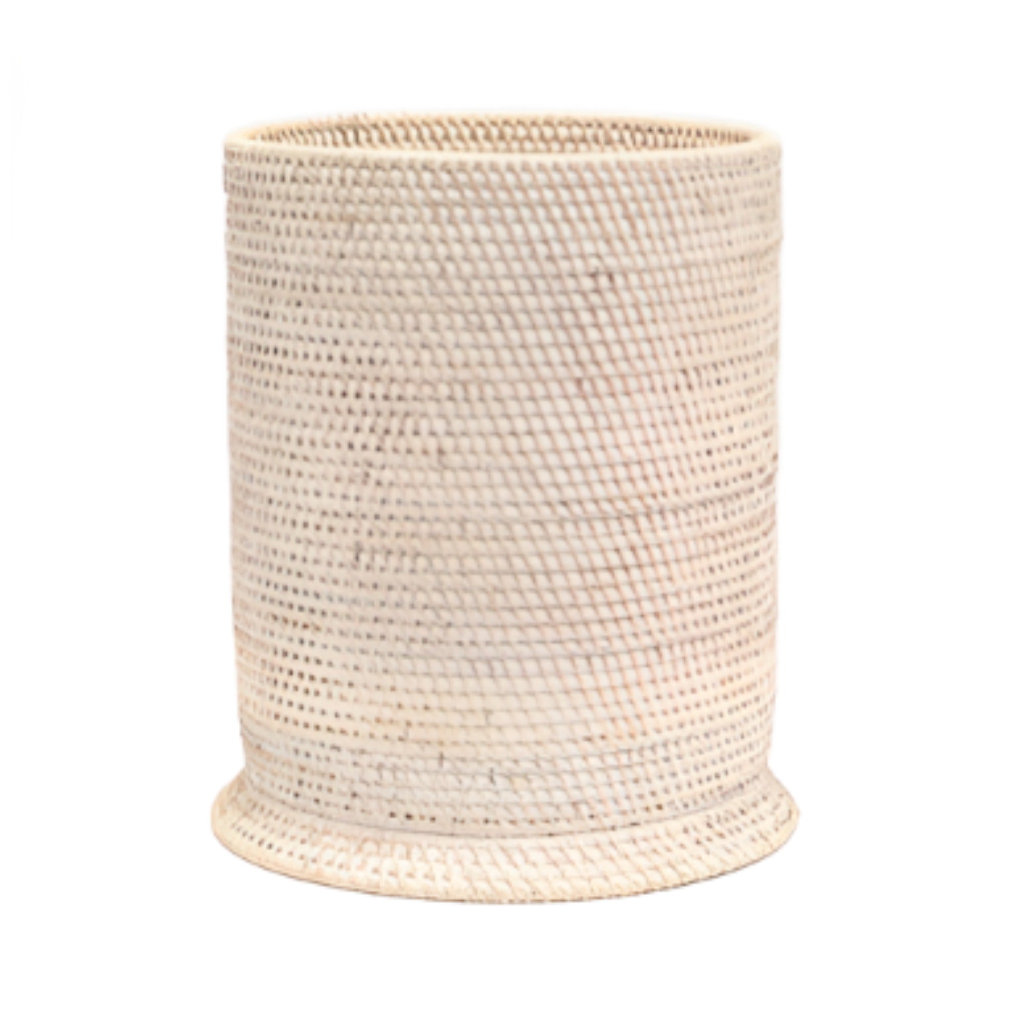 White Washed Dalton Woven Rattan Round Wastebasket with Optional Tissue Box - Stylish Trash Can for Bathroom, Bedroom & Office Decor
