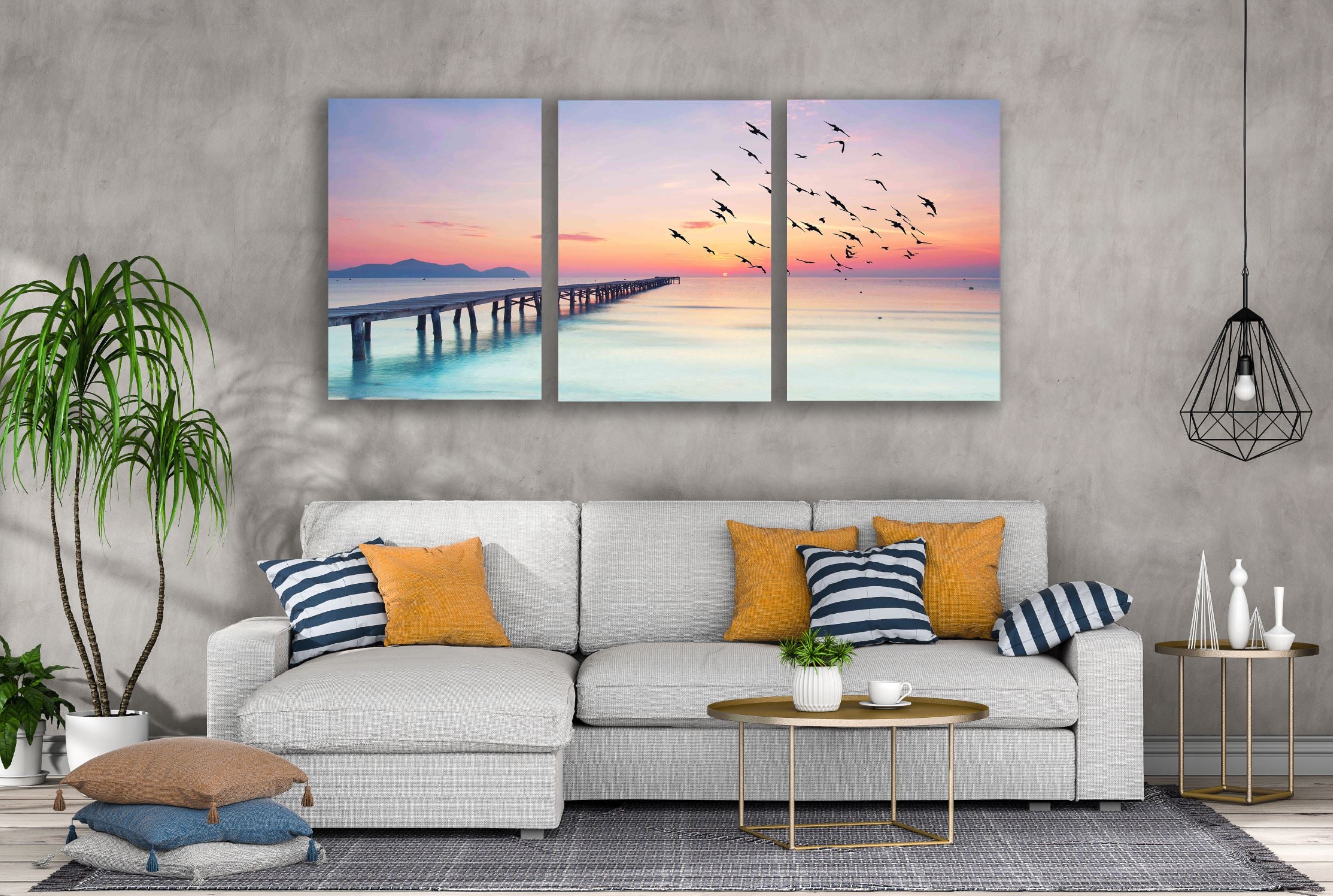 3-Piece Wooden Pier Over Beach Sunset View Canvas Wall Art - High Quality Print, 100% Australian Made, Ready to Hang - Perfect for Living Room, Bedroom & Office Decor