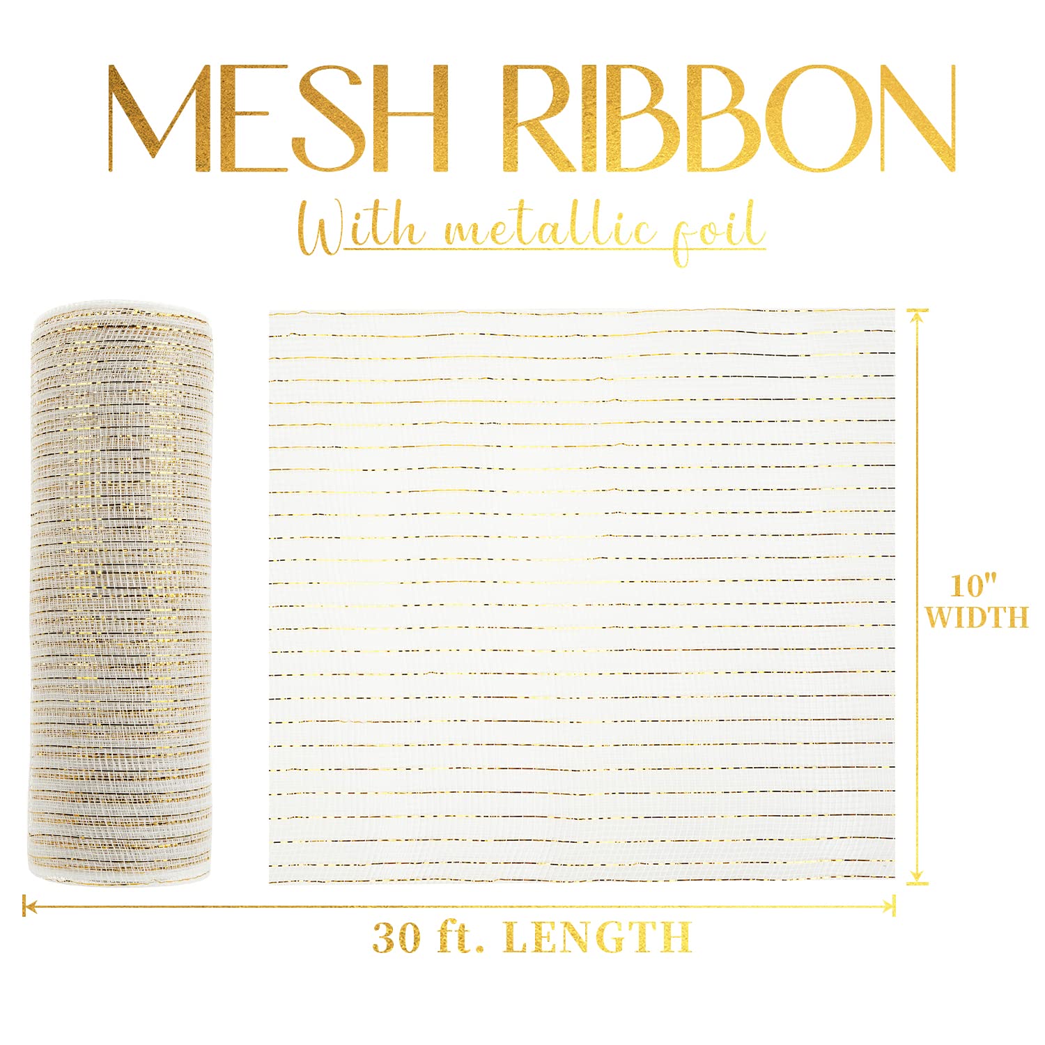 MEEDEE White and Gold Metallic Mesh Ribbon - 10 Inch Wide, 30 Feet Long - Decorative Mesh Roll for Wreath Making, Basket Decorations, DIY Crafts, and Holiday Home Decor