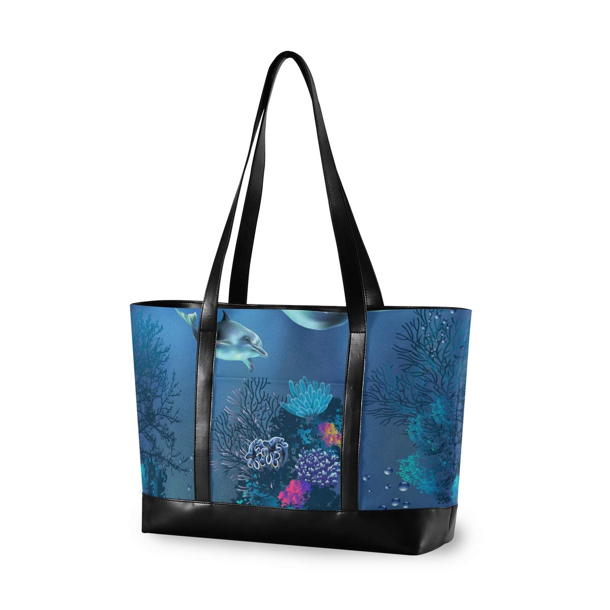 Dolphin Laptop Tote Bag for Women - Lightweight Canvas & Leather Shoulder Bag Fits 15.6 Inch Laptop - Perfect for Work, Travel & Daily Commute