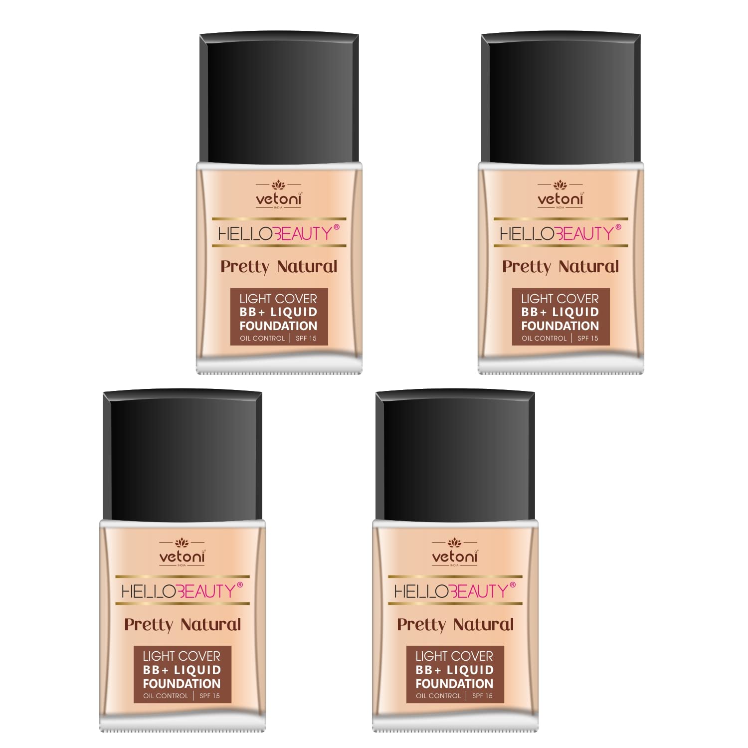 Vetoni Hello Beauty BB Cream Liquid Foundation - Oil Control, Natural Glow, Moisturizing & Softening for All Skin Types | 30ml x 4 Pack | Daily Makeup, Work, Date & Special Occasions