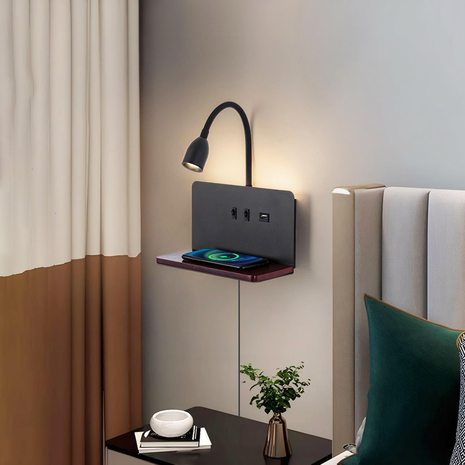 Wireless Charging Wall Sconce with USB Port - Dimmable Gooseneck Reading Light for Bedroom, 3000K Warm White Backlight Headboard Lamp with Plug-in Cord | Perfect for Night Reading, Bedside Lighting & Modern Home Decor