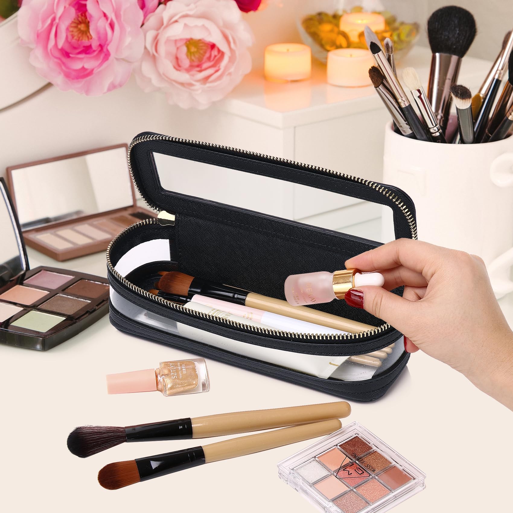 Travel Makeup Brush Case - Slim Clear Zipper Cosmetic Bag for Women | Perfect for On-the-Go & Car Essentials (Black)