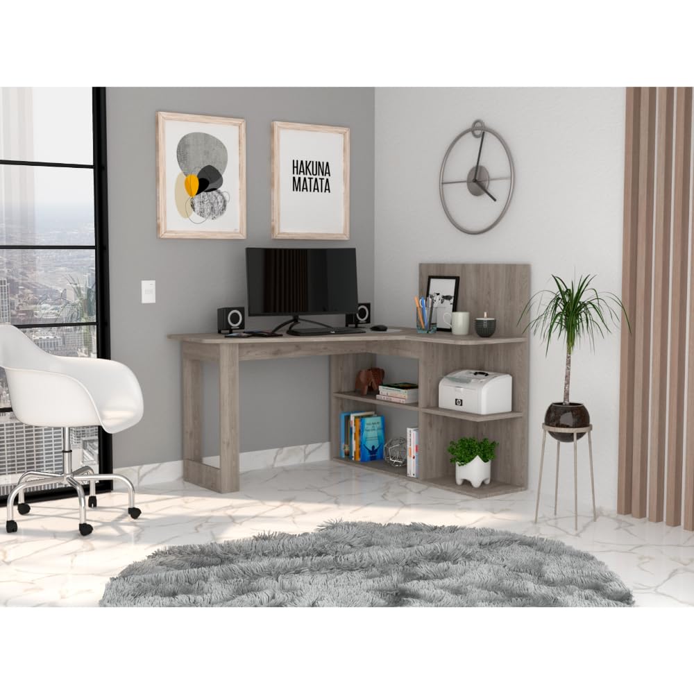 Tuhome Masai Writing Computer Desk with 5 Open Shelves - Light Gray Home Office Desk for Study, Work, and Gaming