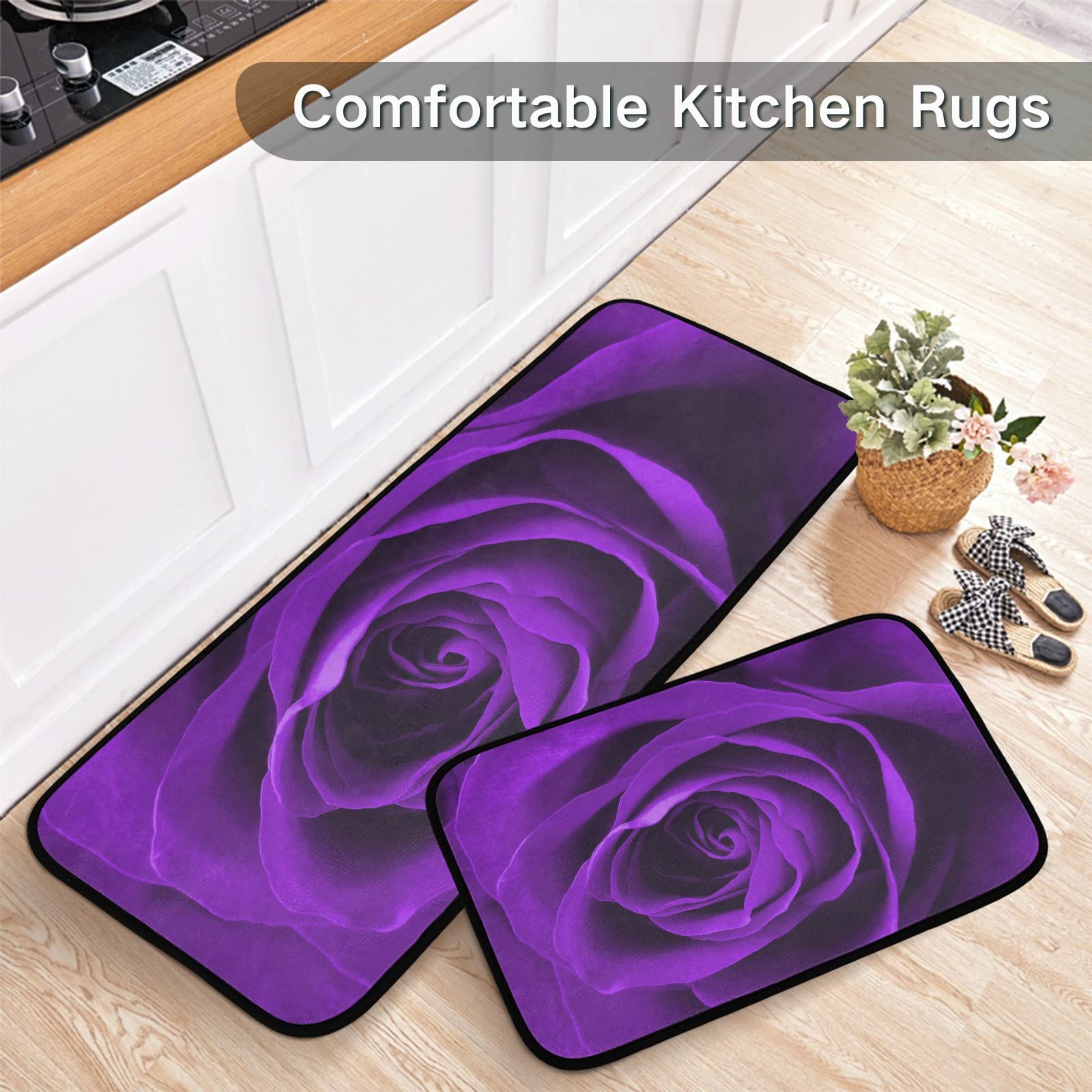 Valentine's Day Purple Rose Non-Slip Kitchen Rugs Set of 2 - Washable Polyester Floor Mats for Kitchen, Laundry, Sink & Office - Soft Standing Mats for Comfort & Style