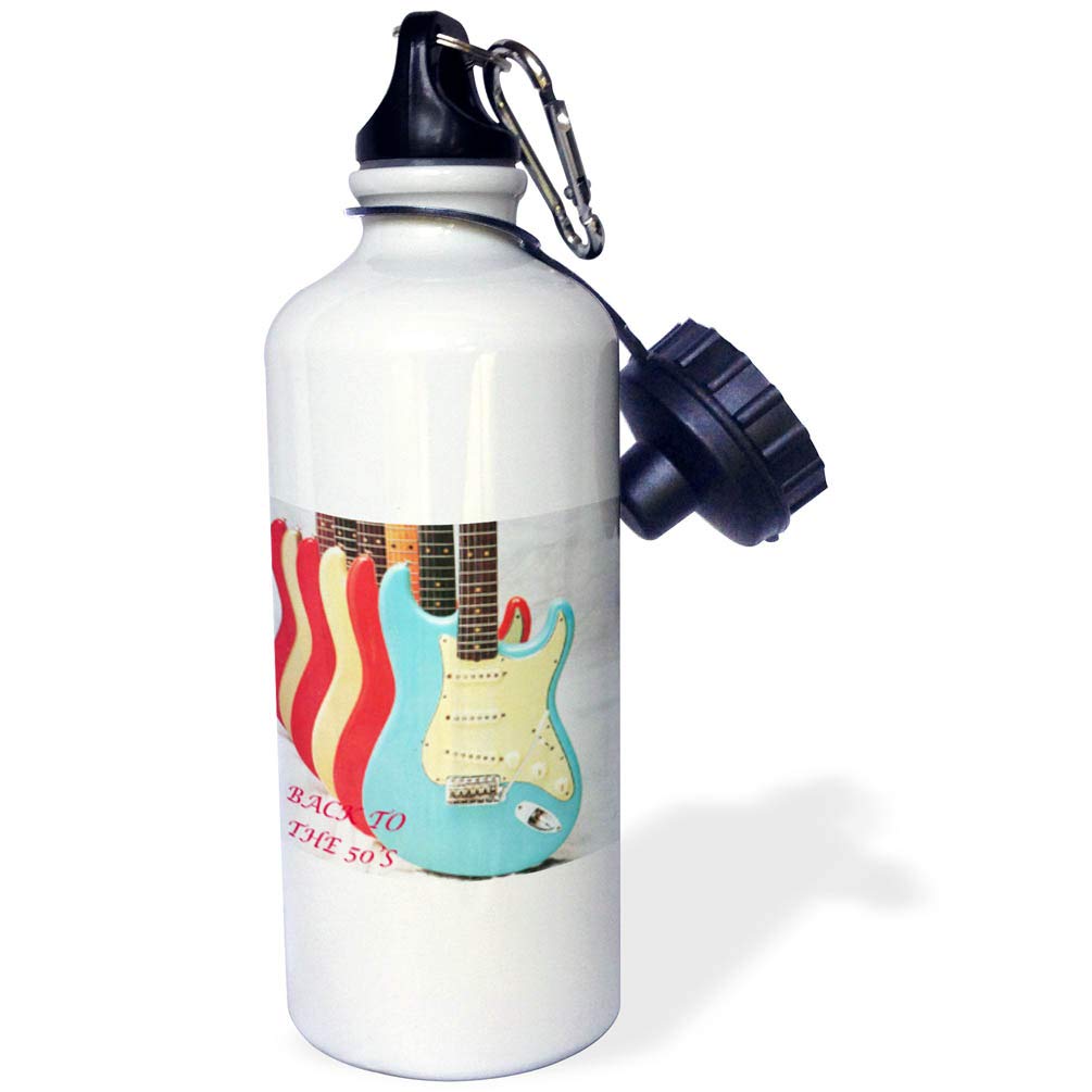 3D Rose Vintage 50s Guitars Design Sports Water Bottle - 21 oz Insulated White Bottle for Gym, Hiking & Outdoor Activities