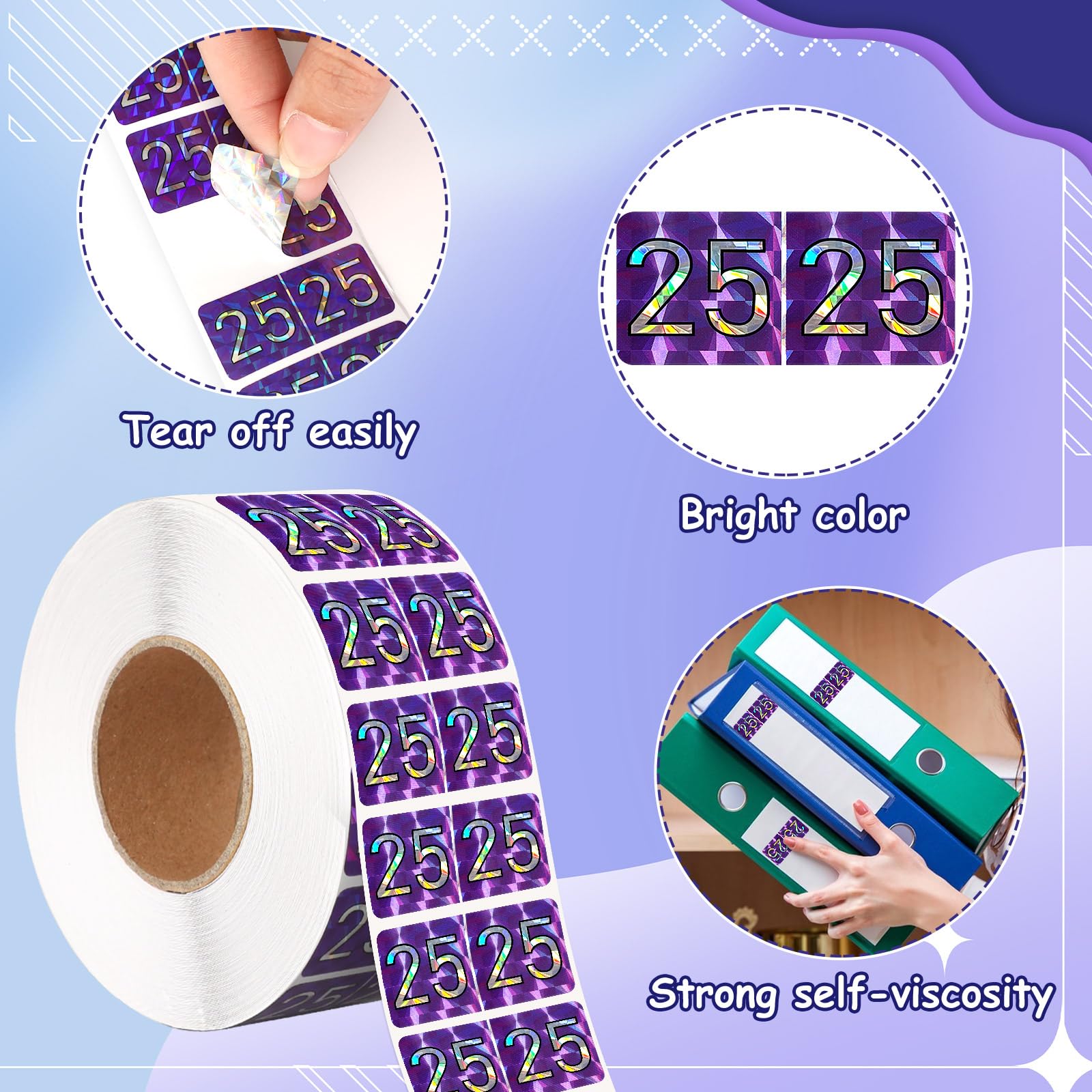 FEBSNOW 1000 Pcs 2025 Year File Folder Stickers Roll - Self Adhesive Rectangle Color Labels for Office Organization, File Coding & Document Management (Purple, Silver) - Perfect for Office Supplies, School Projects & Home Filing Systems