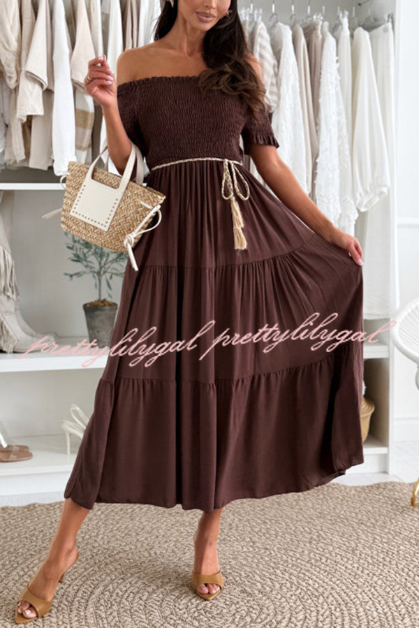 Elegant Solid Color Off-the-Shoulder Pleated Waist Midi Dress for Women - Perfect for Summer Parties, Beach Vacations & Date Nights