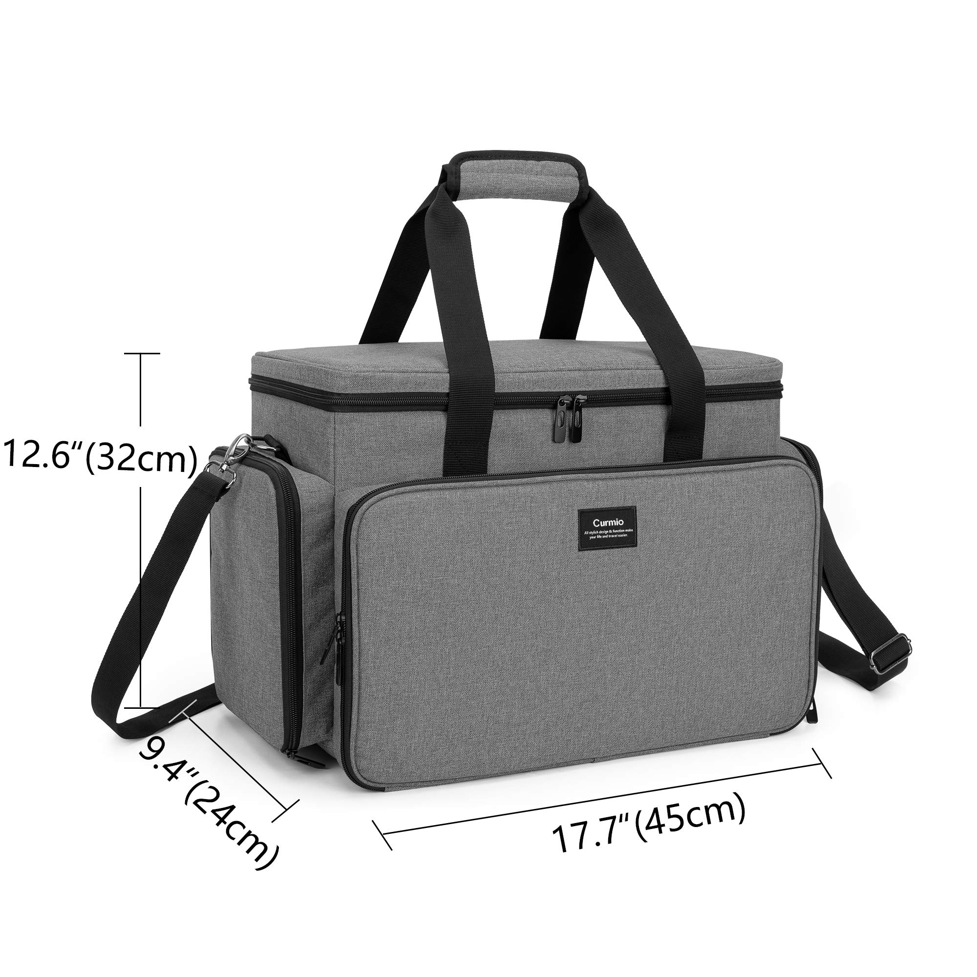 CURMIO Universal Sewing Machine Carrying Case - Travel Tote Bag with 2 Removable Transparent Zipper Pouches for Sewing Supplies, Fits Most Standard Sewing Machines (Gray, Patented Design) - Perfect for Home Use, Travel & Sewing Classes