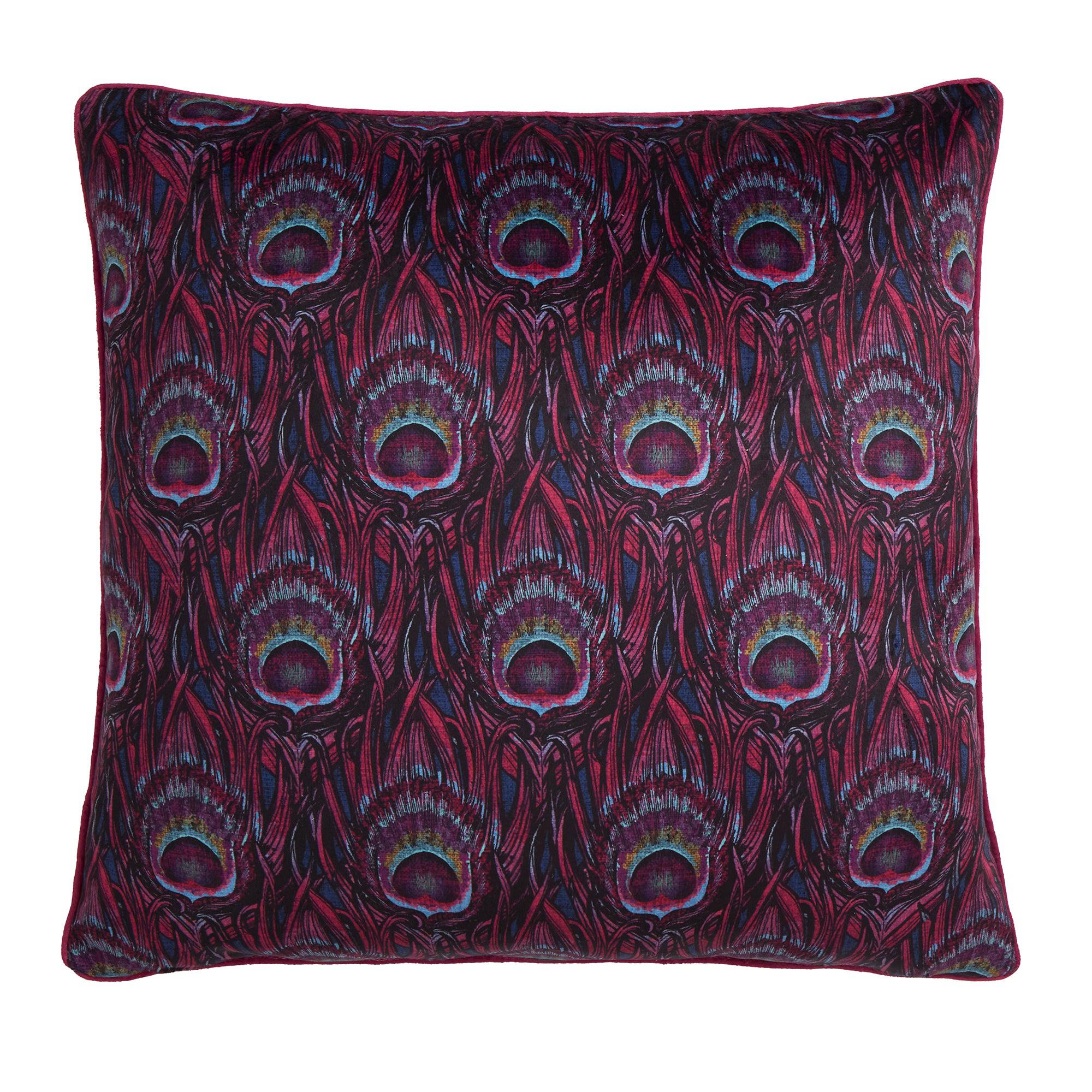 Laurence Llewelyn Bowen Dandy Peacock Cushion - Plum Velvet Decorative Throw Pillow for Sofa, Bed & Home Decor | Luxury Living Room & Bedroom Accent