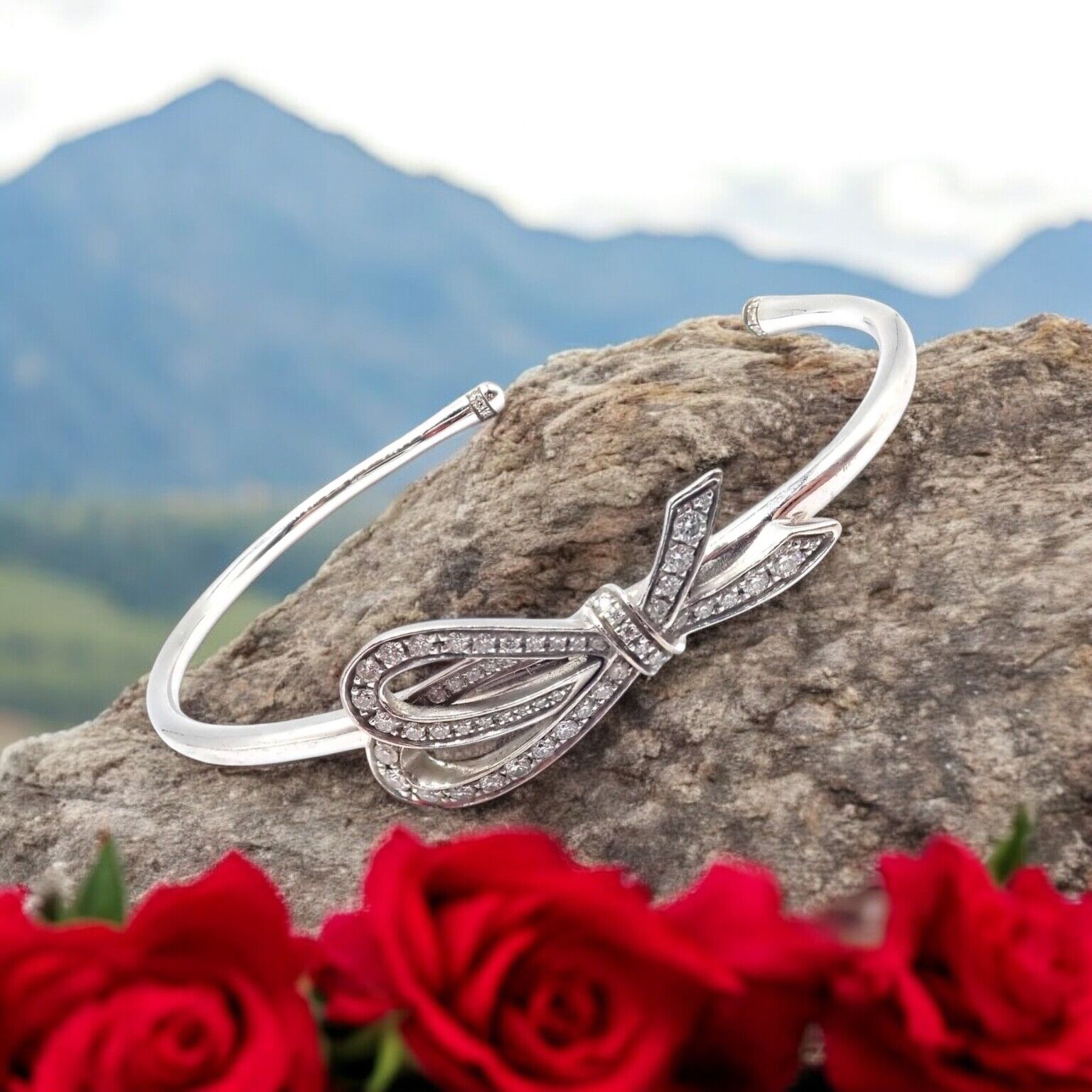 Authentic Tiffany & Co 18K White Gold Diamond Bow Ribbon Bangle Cuff Bracelet - Elegant Jewelry Gift for Women, Perfect for Weddings, Anniversaries & Special Occasions