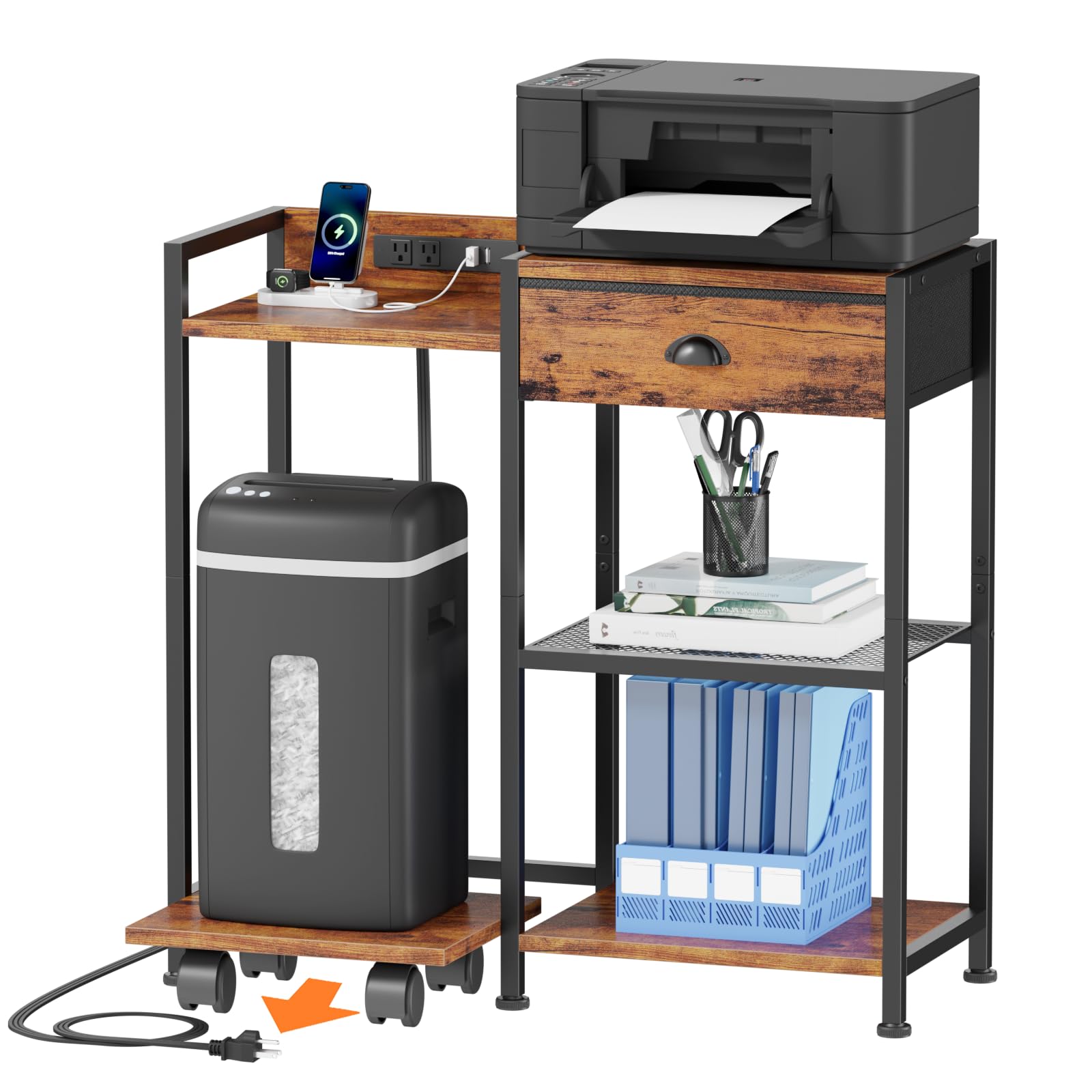 Furologee 3-Tier Printer Stand with Storage Drawer & Charging Station - Industrial Style Office Desk Organizer with USB Port, Wheels & Shredder Shelf - Rustic Brown Home Office Furniture for Printer, Scanner & Supplies Organization