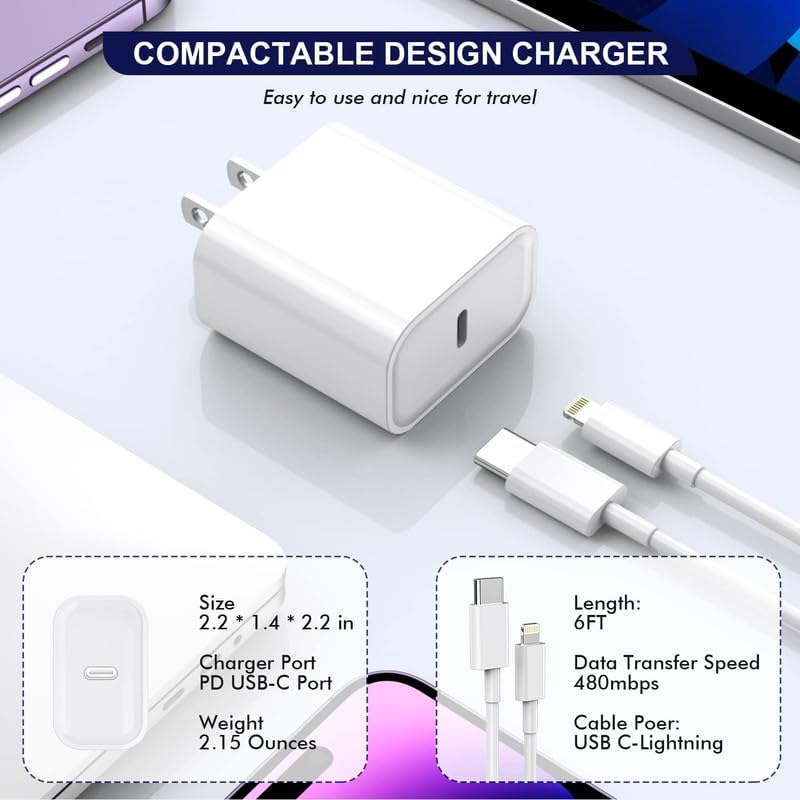 Apple MFi Certified Fast Charger for iPhone - 20W USB C Wall Charger with 6FT Lightning Cable - Compatible with iPhone 14 Pro Max/13/12/11/X/8/SE - Fast Charging for Home, Office & Travel