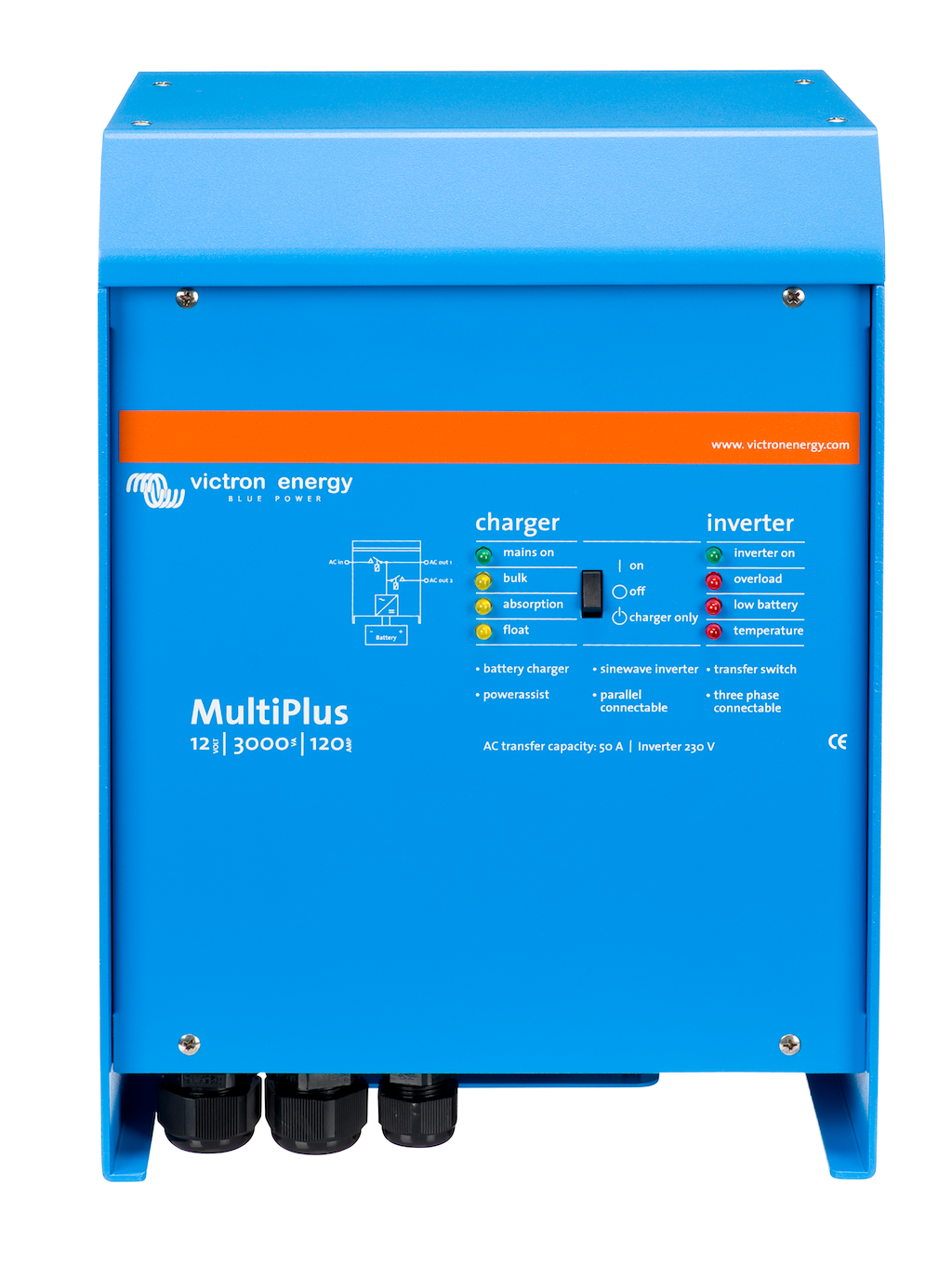 MultiPlus 12/3000/120 50 230Vac Inverter Charger - Pure Sine Wave Power Converter for RVs, Boats & Off-Grid Solar Systems