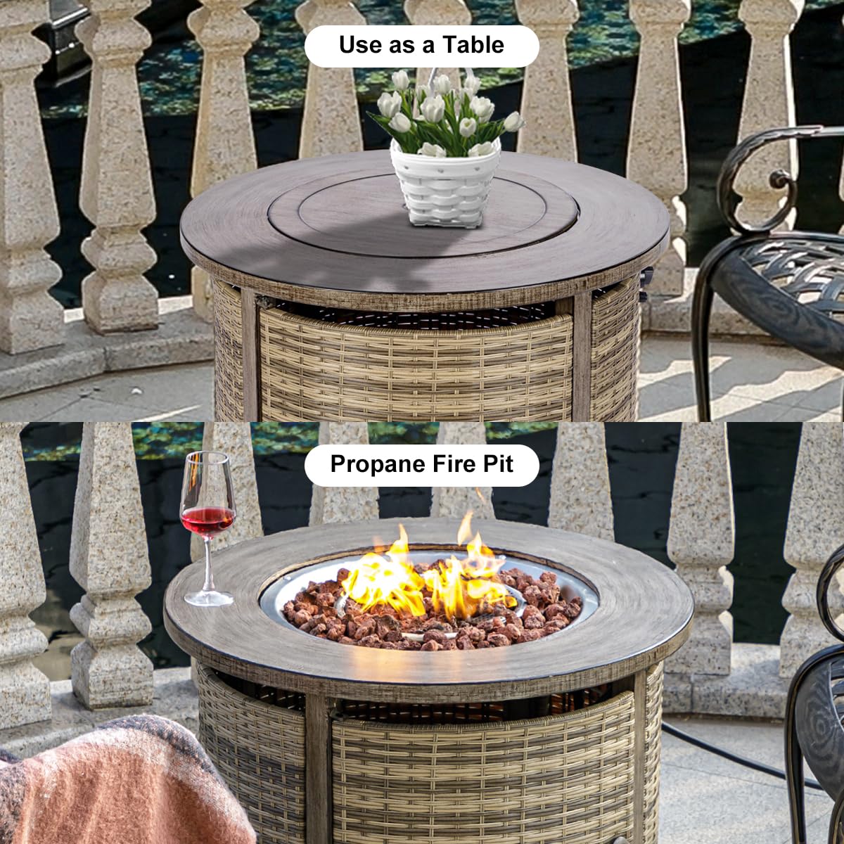 32 Inch Round Propane Fire Pit Table with Lid & Lava Rocks - 50,000 BTU Outdoor Gas Firepit for Patio, Backyard, Garden - Perfect for Dining, Entertaining, and Relaxing