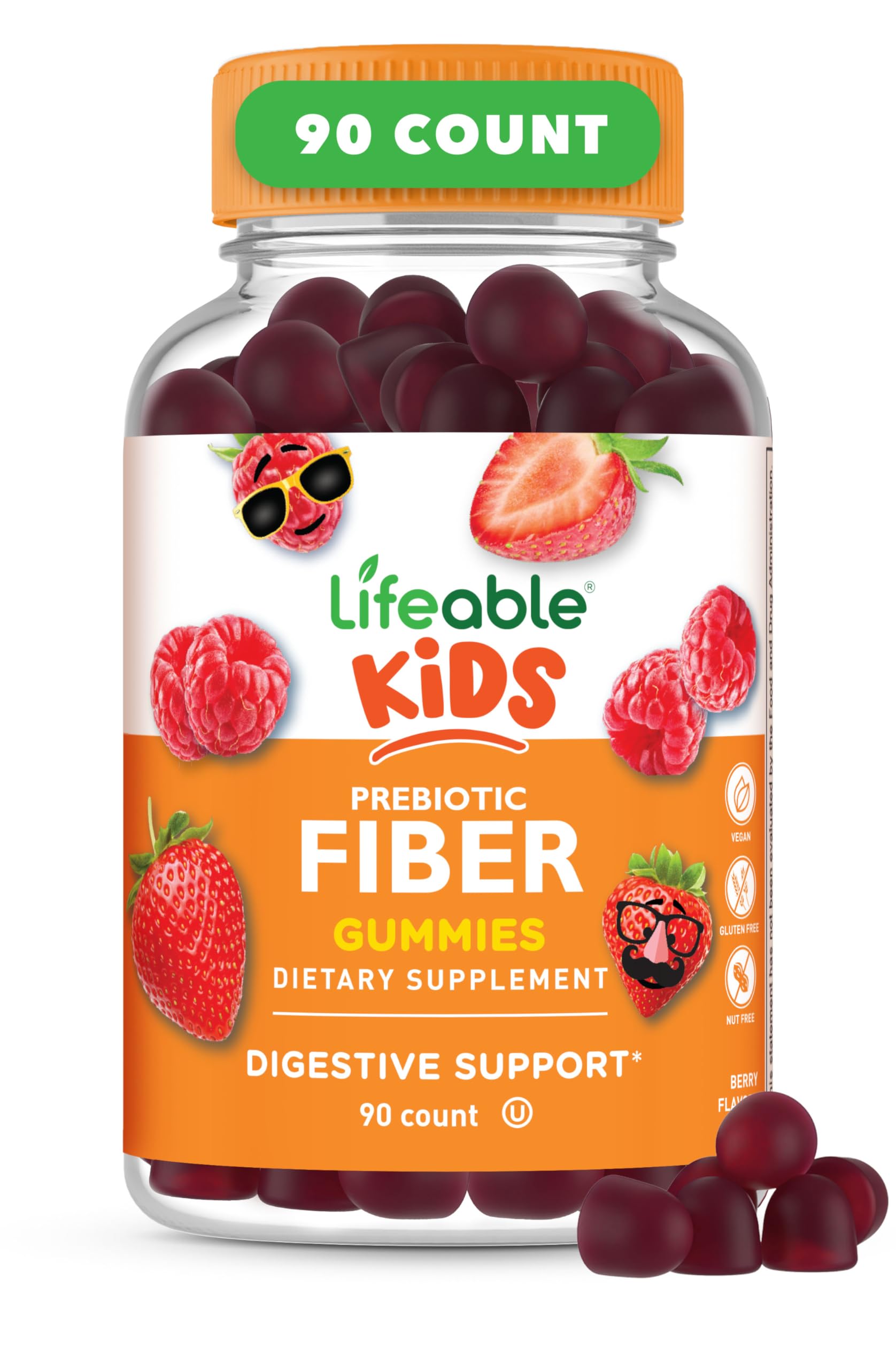 Lifeable Prebiotic Fiber Gummies for Kids - Digestive Health Supplement with 5g Fiber | Great Tasting Probiotic Gummy Vitamins for Children | 90 Count | Supports Gut Health & Regularity - Perfect for School Lunches & After-School Snacks