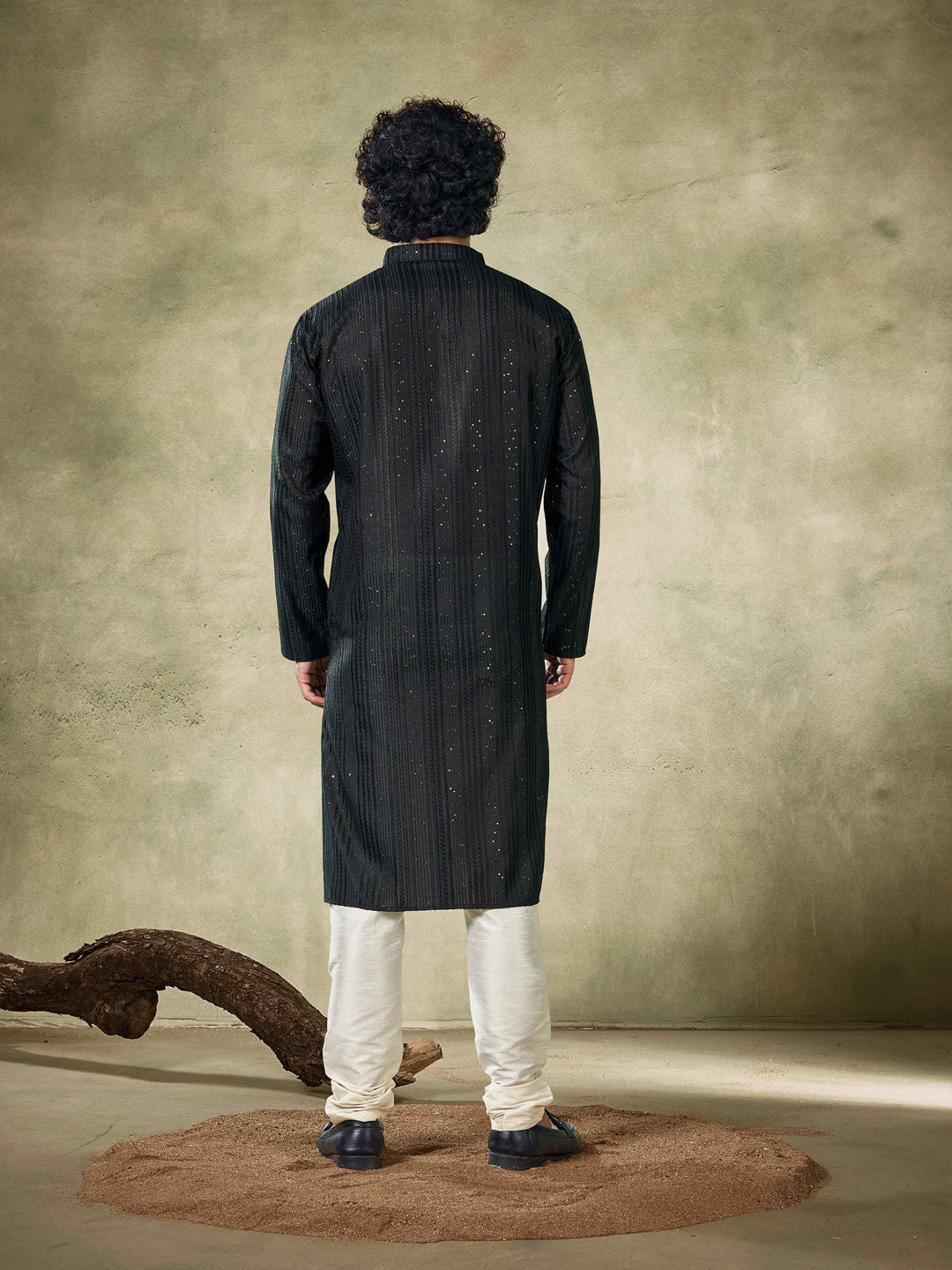 Stylish Black Men's Kurta Pajama Set with Designer Sequins Embroidery - Traditional Indian Ethnic Wear for Weddings, Festivals & Special Occasions