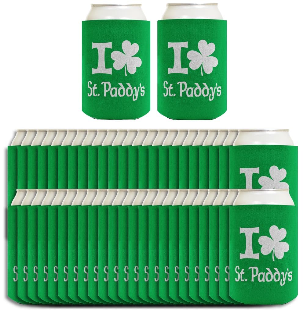 St. Patrick's Day Party Supplies - 48-Pack Shamrock Drink Can Coolers for St. Paddy's Day Celebrations | Perfect for Beer, Soda & Beverage Covers at Irish Themed Parties, Parades & Pub Crawls