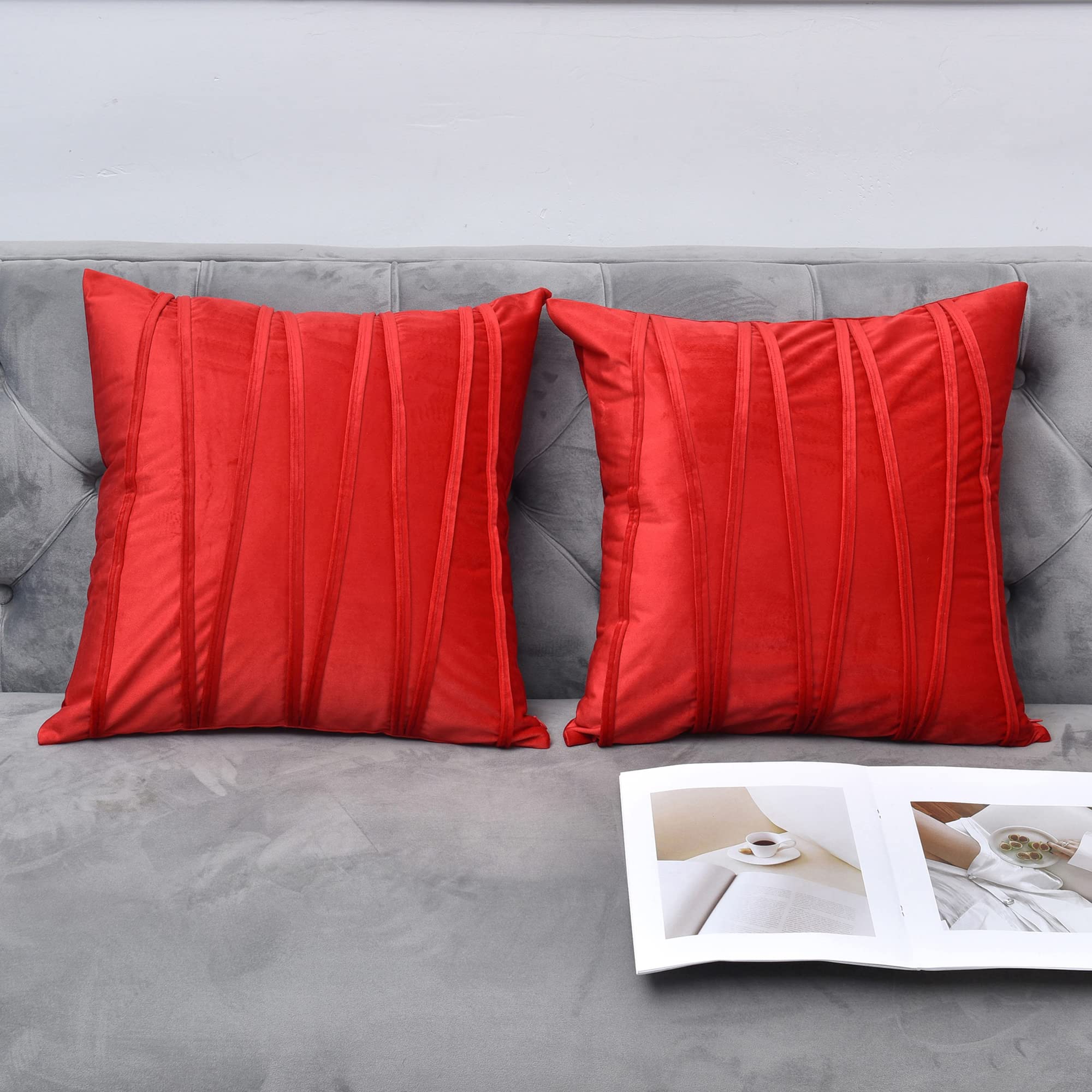 NianEr 18x18 Inch Velvet Throw Pillow Covers Set of 2 - Soft Decorative Square Couch Pillows for Sofa, Bed & Living Room - Red Plush Accent Pillow Cases for Home Decor, Cozy Reading Nook & Lounge Areas