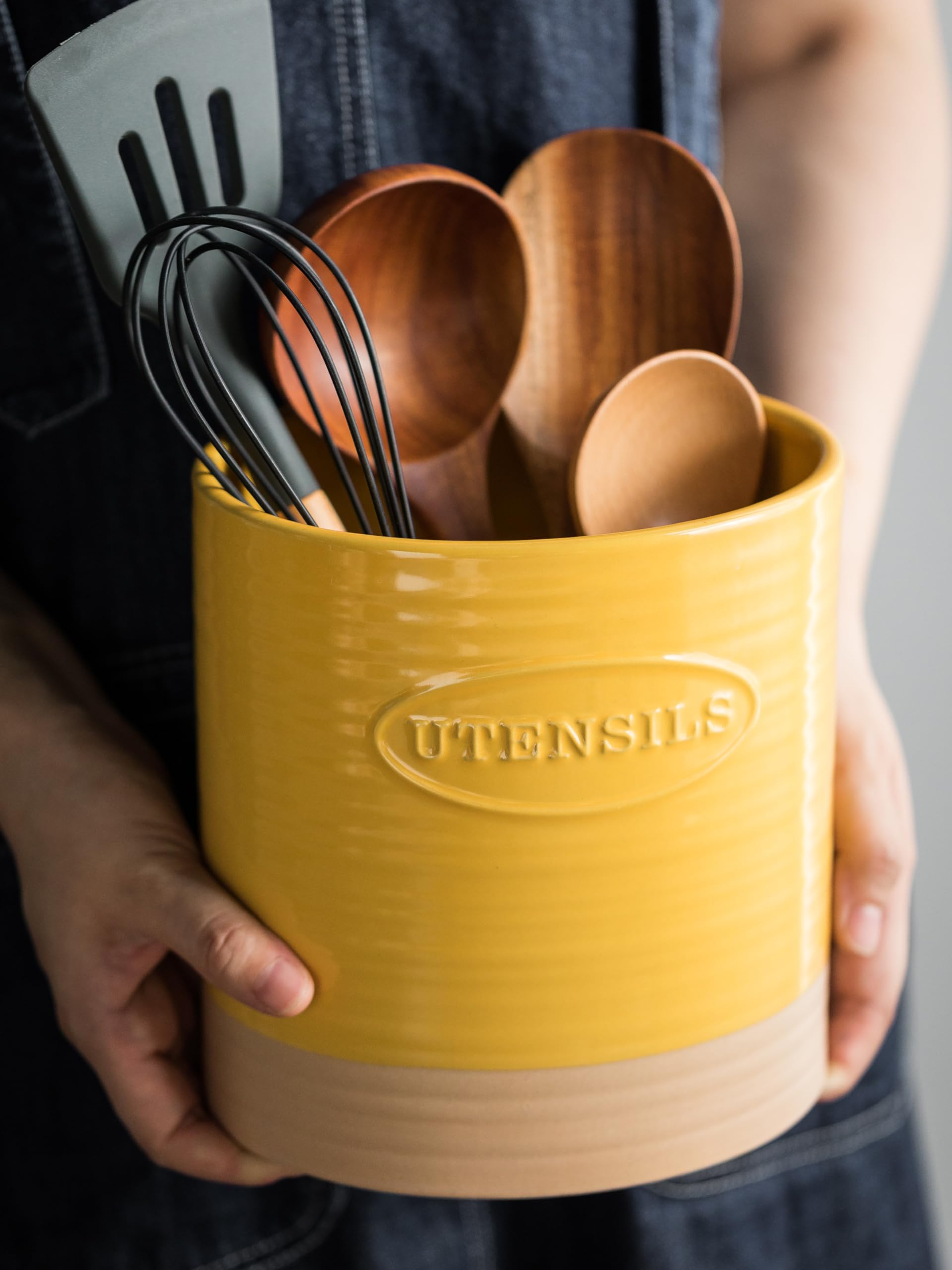 Premium Ceramic Kitchen Utensil Holder - Large Oval Countertop Organizer for Cooking Tools (Yellow) | Perfect for Storing Spoons, Spatulas & Utensils by Stove or Sink