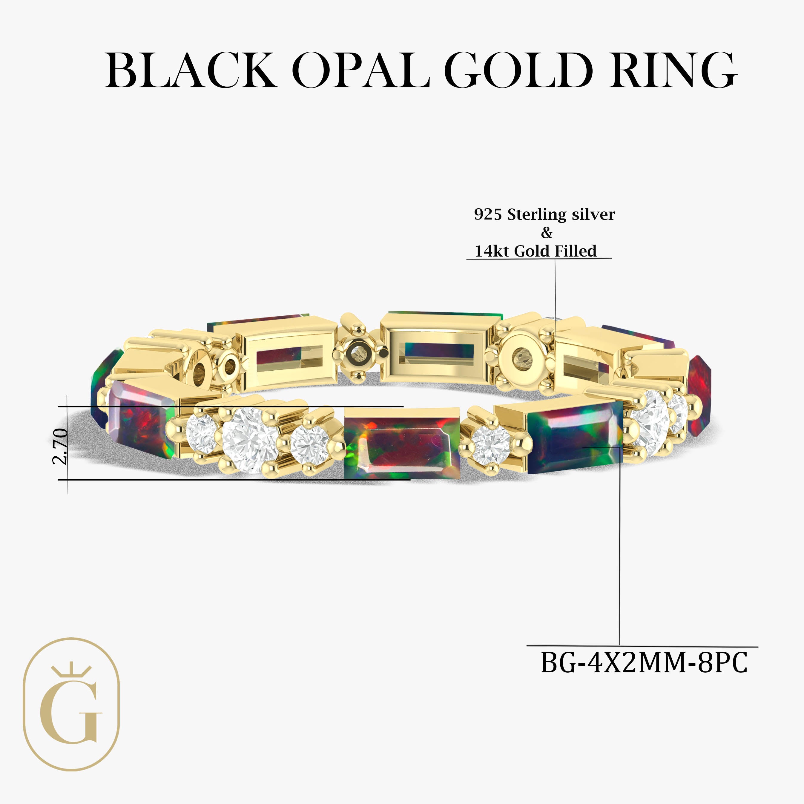 Black Opal Eternity Ring - Baguette Cut Gemstone Band for Women | Elegant Wedding, Engagement, Anniversary Jewelry Gift