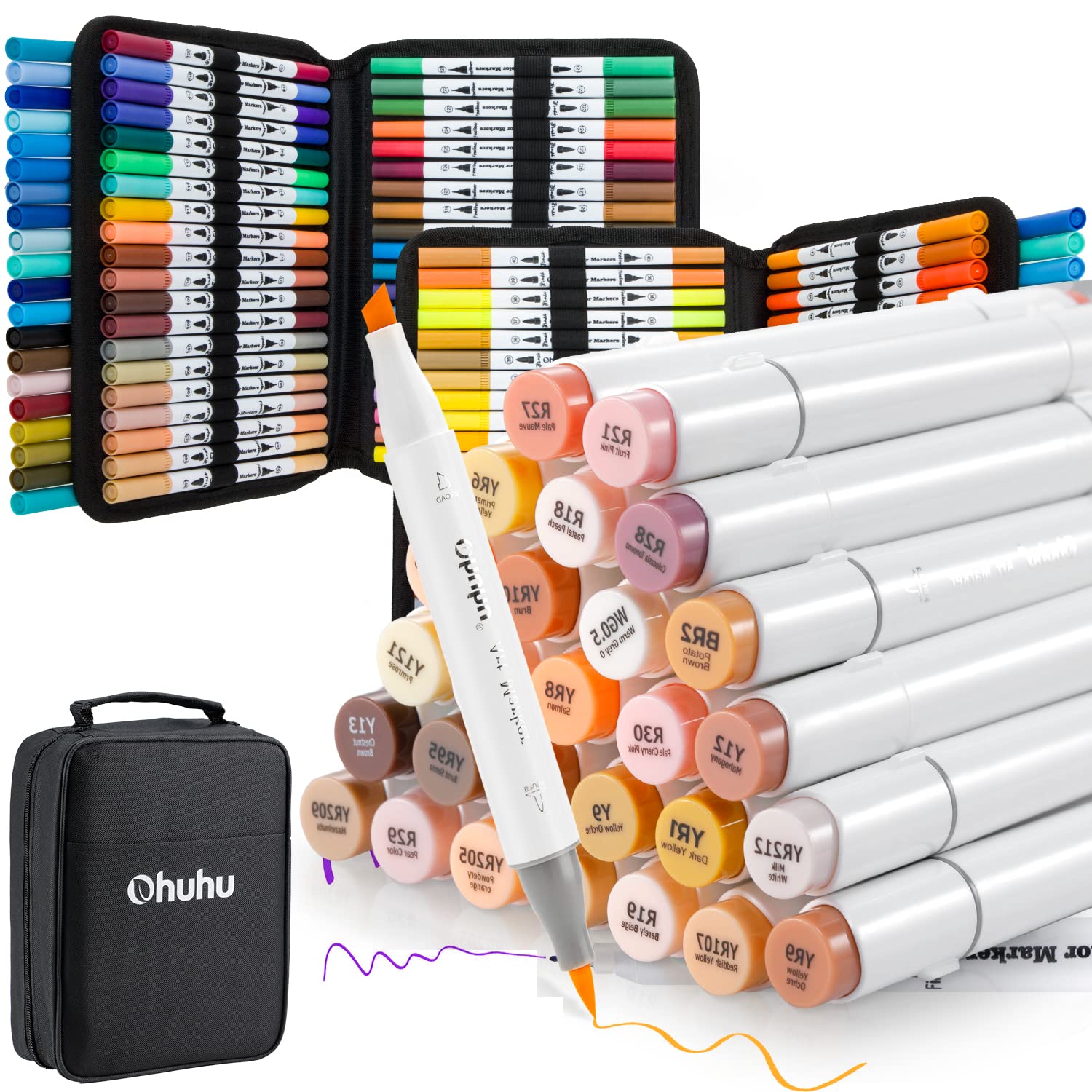 Ohuhu 160 Colors Dual Tip Alcohol Markers Set - Brush & Fine Tips for Artists, Including 36 Unique Skin-Tone Shades | Perfect for Adult Coloring Books, Illustration, Manga & Fashion Design