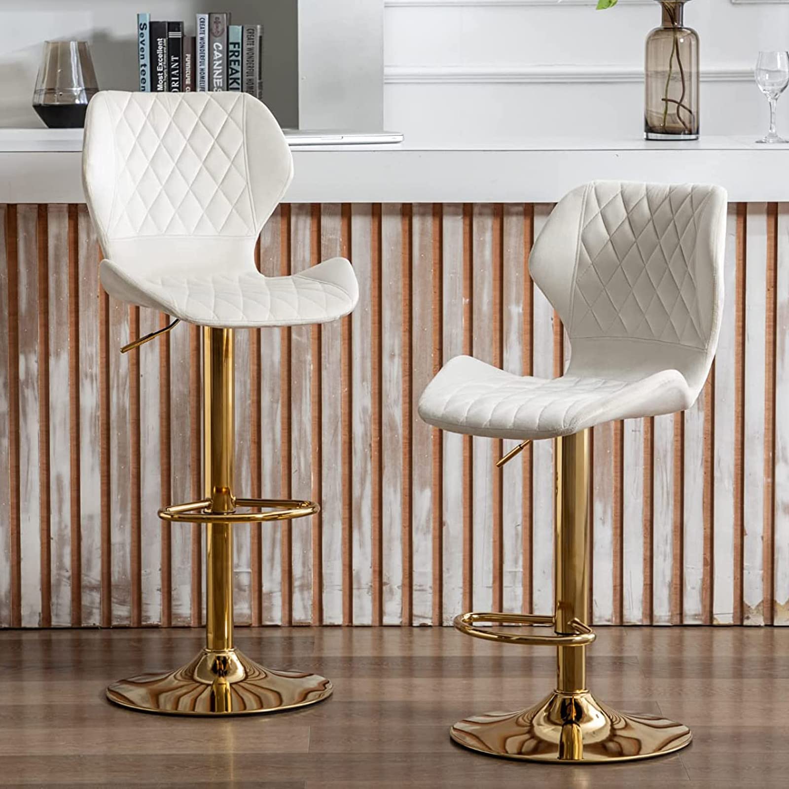2-Pack Swivel Bar Stools with Adjustable Height & Backrest - Modern Velvet Counter Chairs with Golden Base for Kitchen Island, Dining Room & Home Bar - Perfect for Entertaining, Breakfast Nook & Small Spaces (Cream)