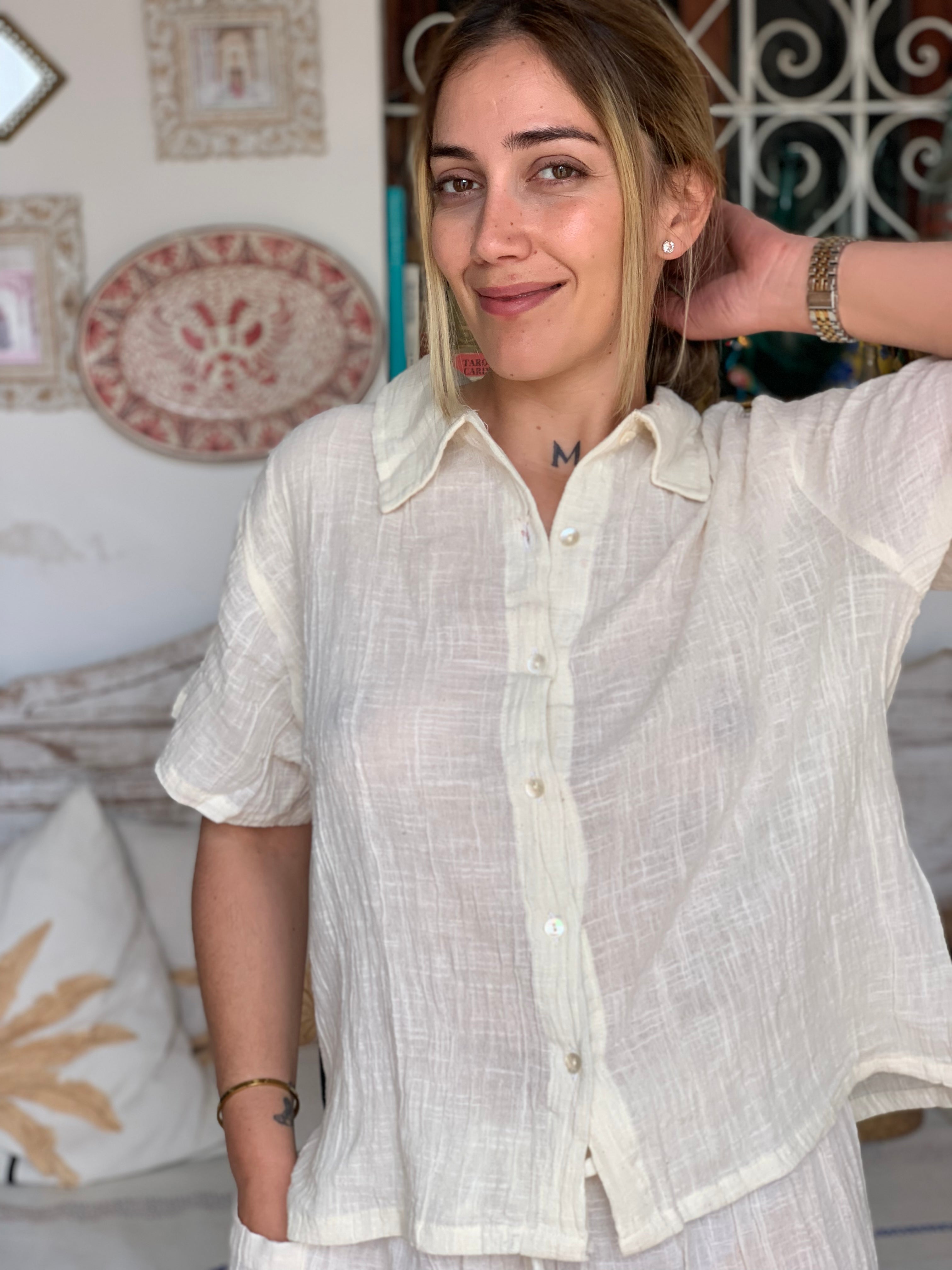 Linen Women's Shirt Off White - Breathable Summer Blouse for Casual Wear, Beach Outfits & Boho Style